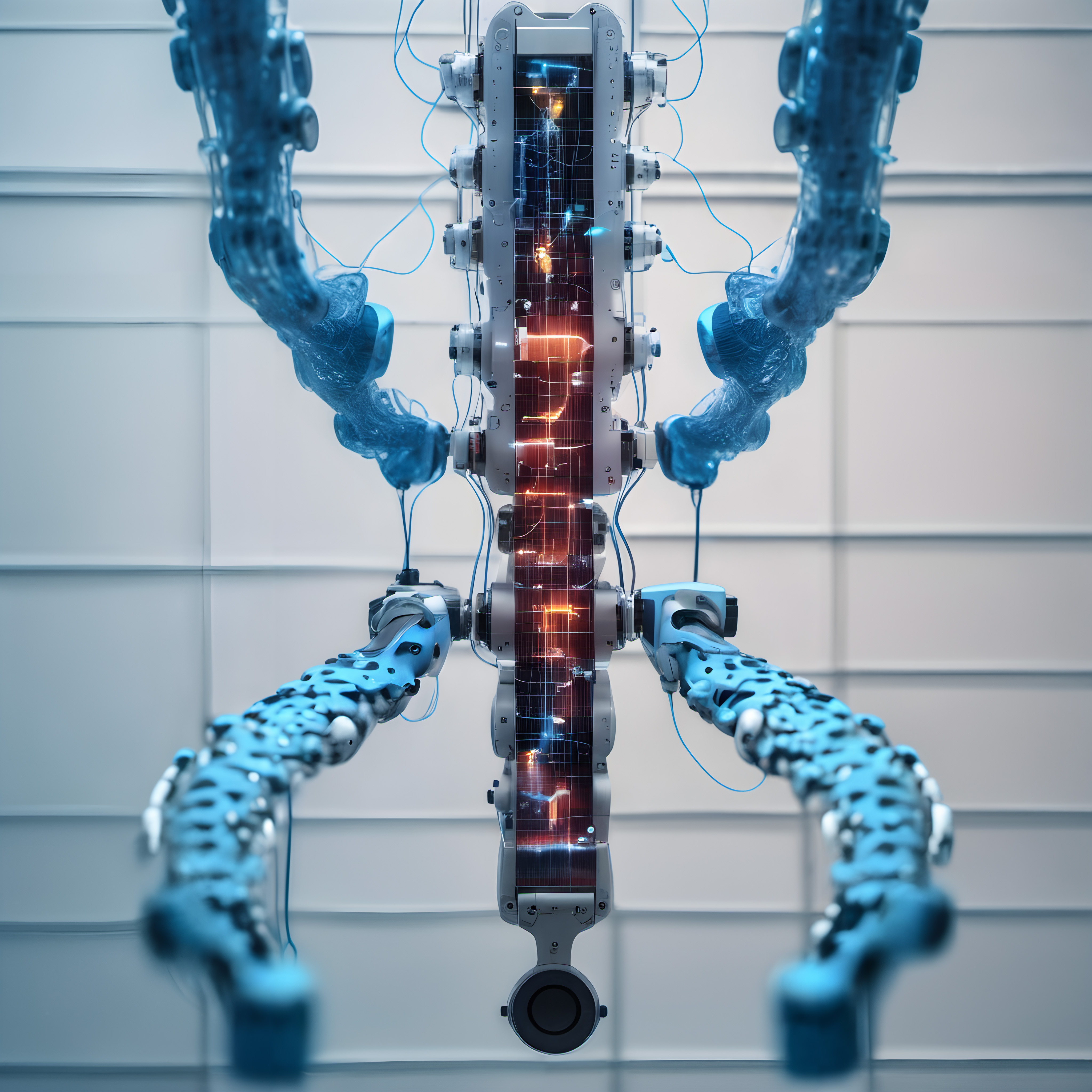 Futuristic AI Robot With Glowing Internal Circuitry And Mechanical Limbs In High-Tech Lab Setting