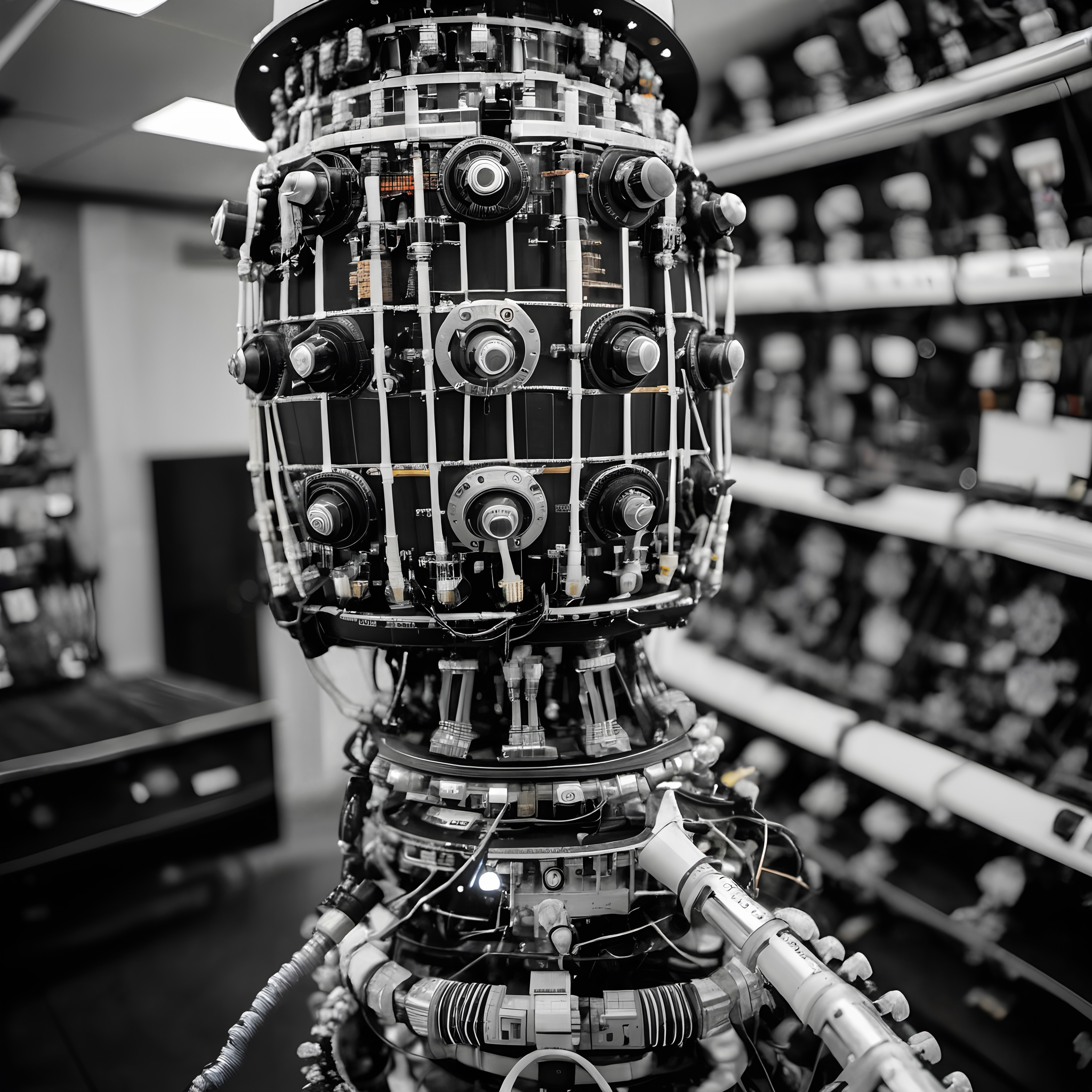 A complex machine with wires, tubing, and rotary elements in a tech lab.