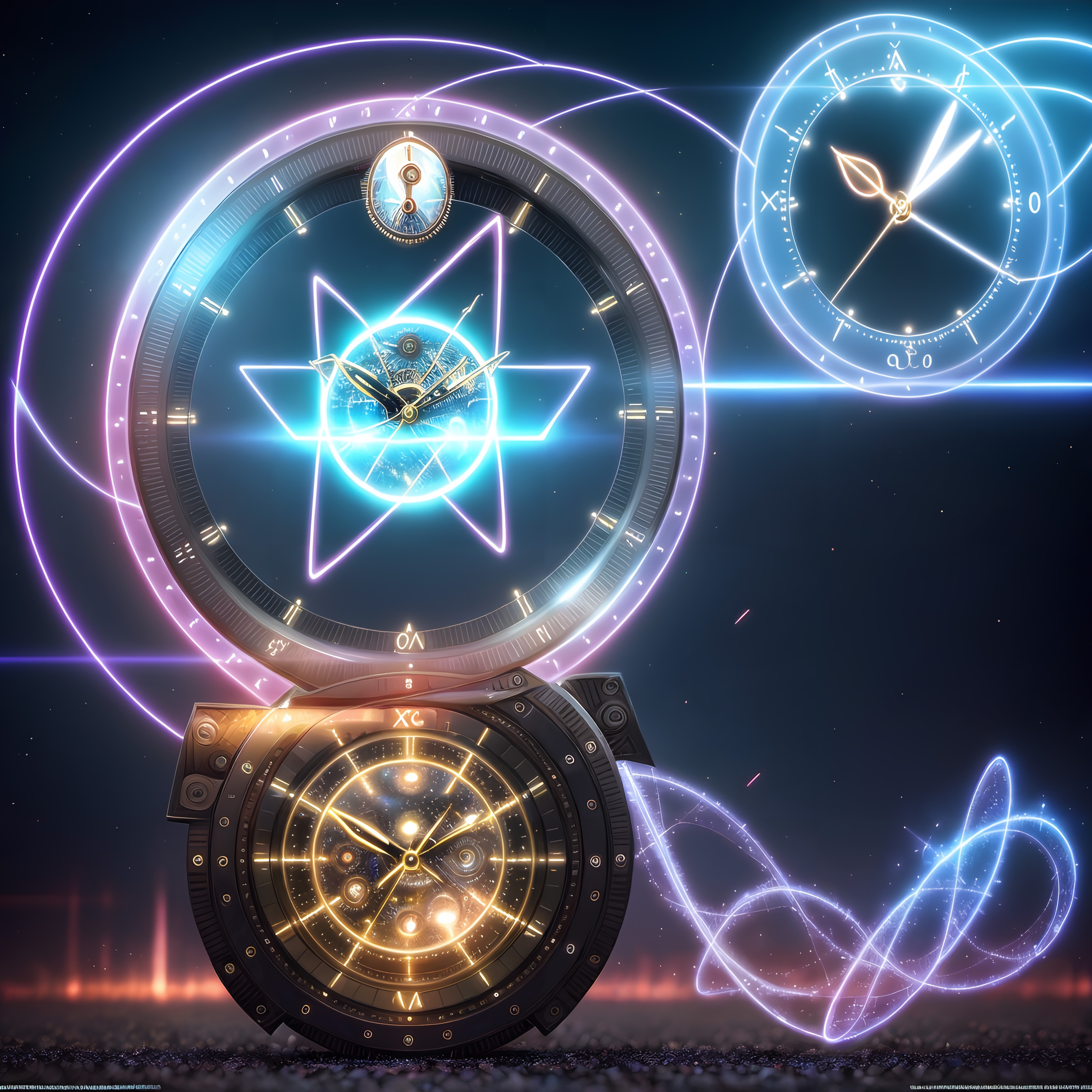 Futuristic cosmic design featuring celestial clocks and neon elements.
