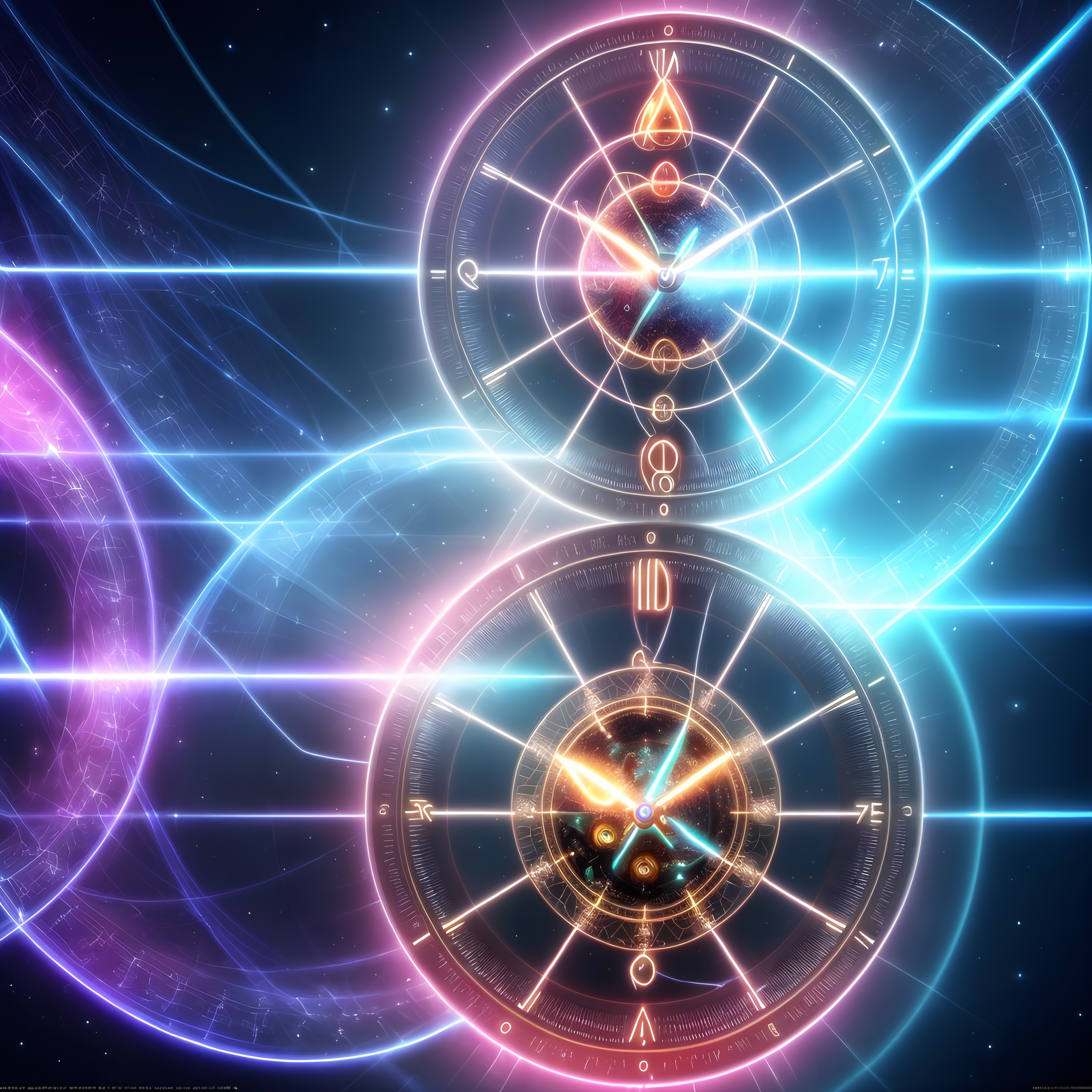 A vibrant illustration of celestial clocks and cosmic energy lines in a starry space backdrop, symbolizing time and space connection.