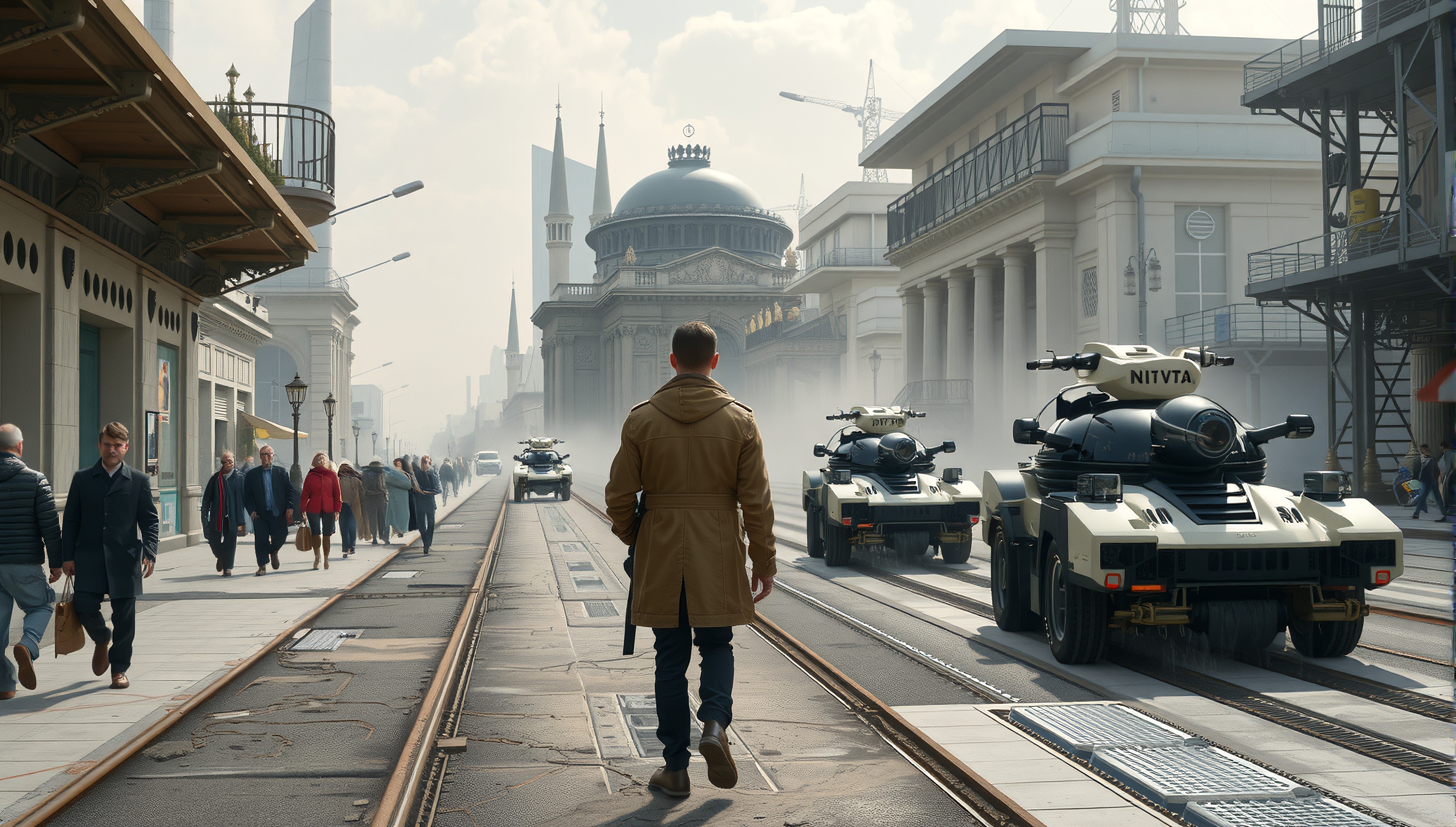 A man walks amid futuristic tanks in a misty urban cityscape blending historical and modern elements.