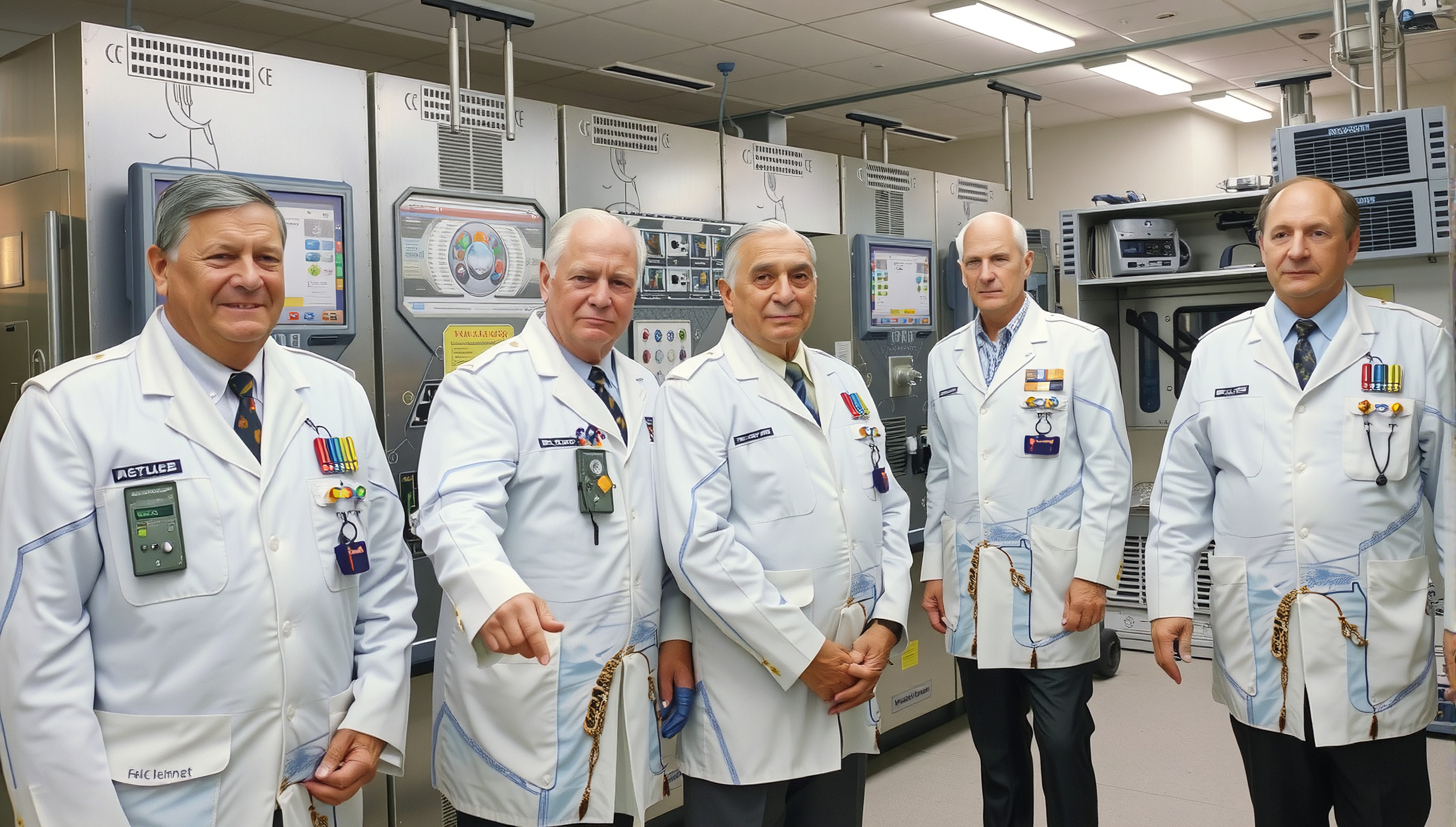 Group of diverse medical professionals standing in a sophisticated lab.