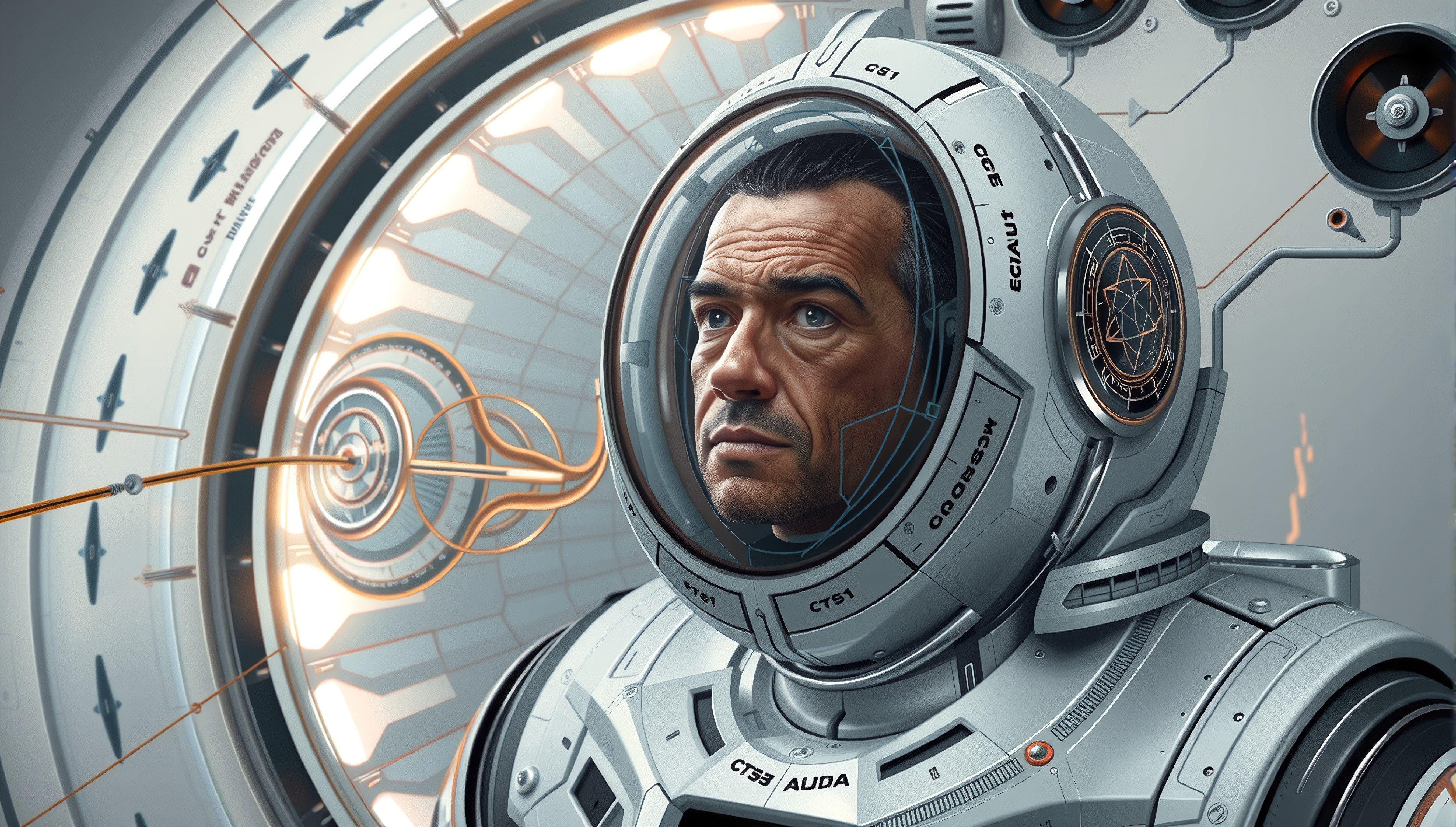 A futuristic astronaut in a high-tech suit gazes thoughtfully inside a spaceship.