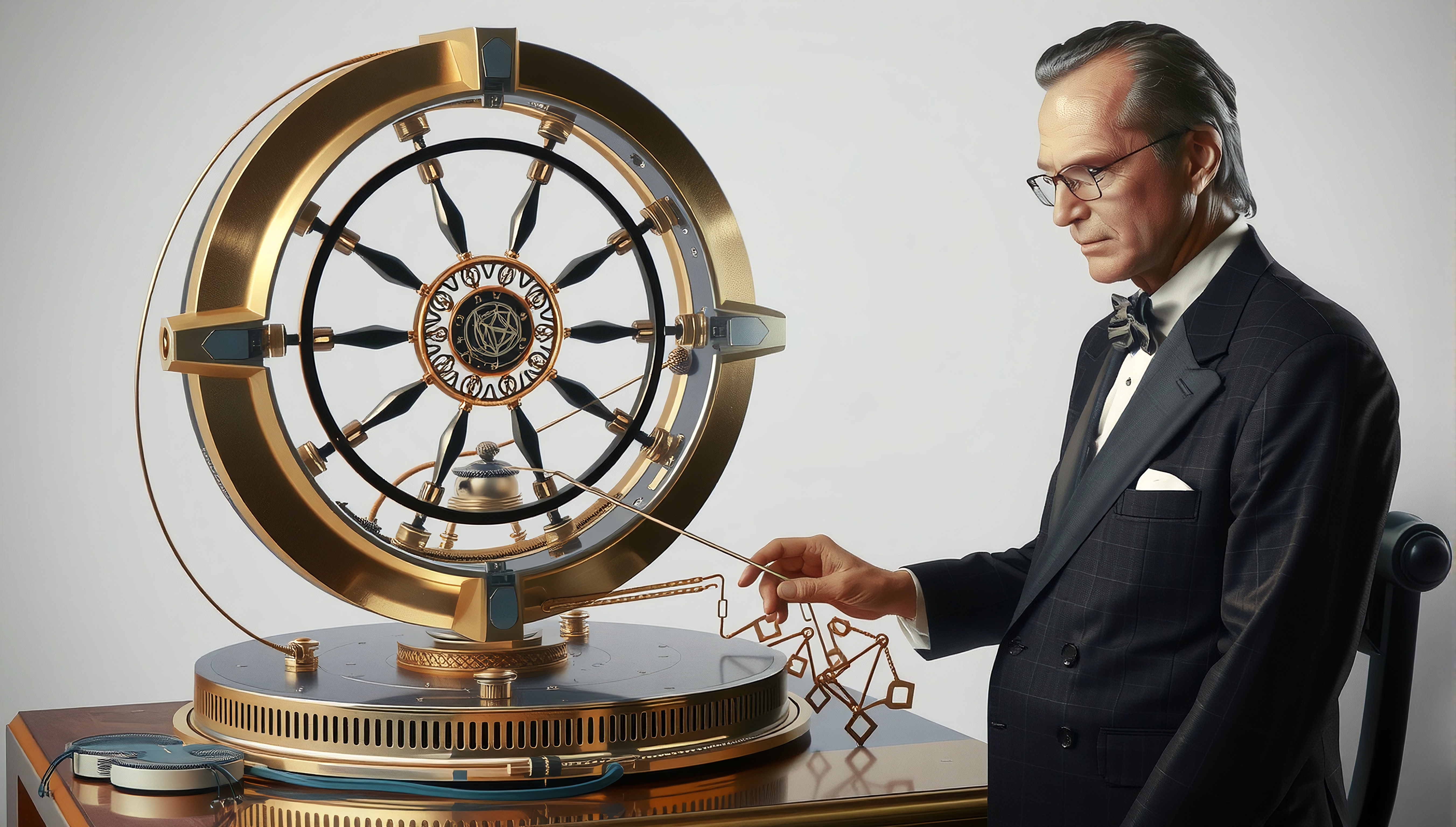 A distinguished man interacts with a complex gold mechanical device, showcasing artful precision.