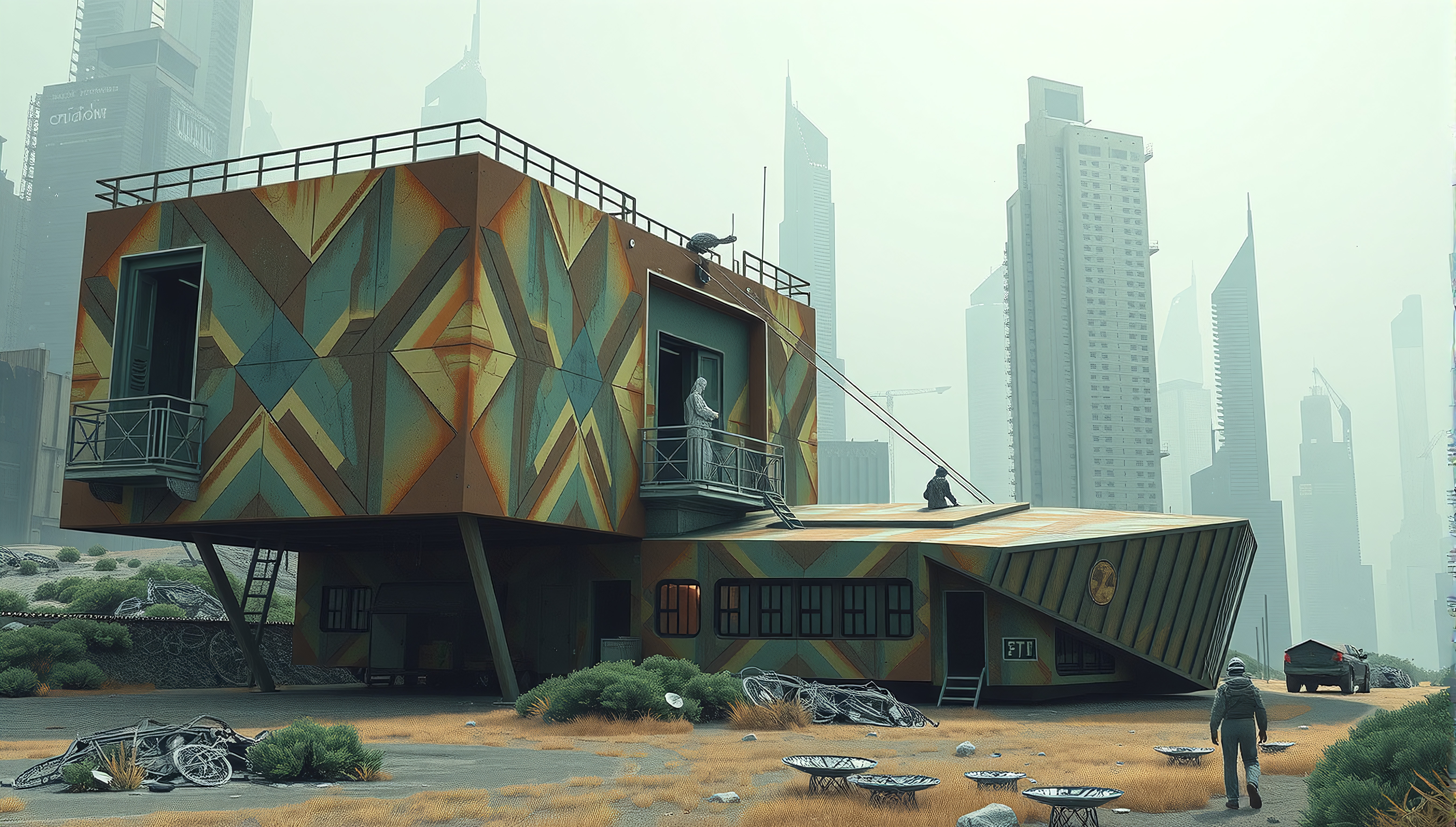 Futuristic building with geometric patterns in a foggy urban cityscape.