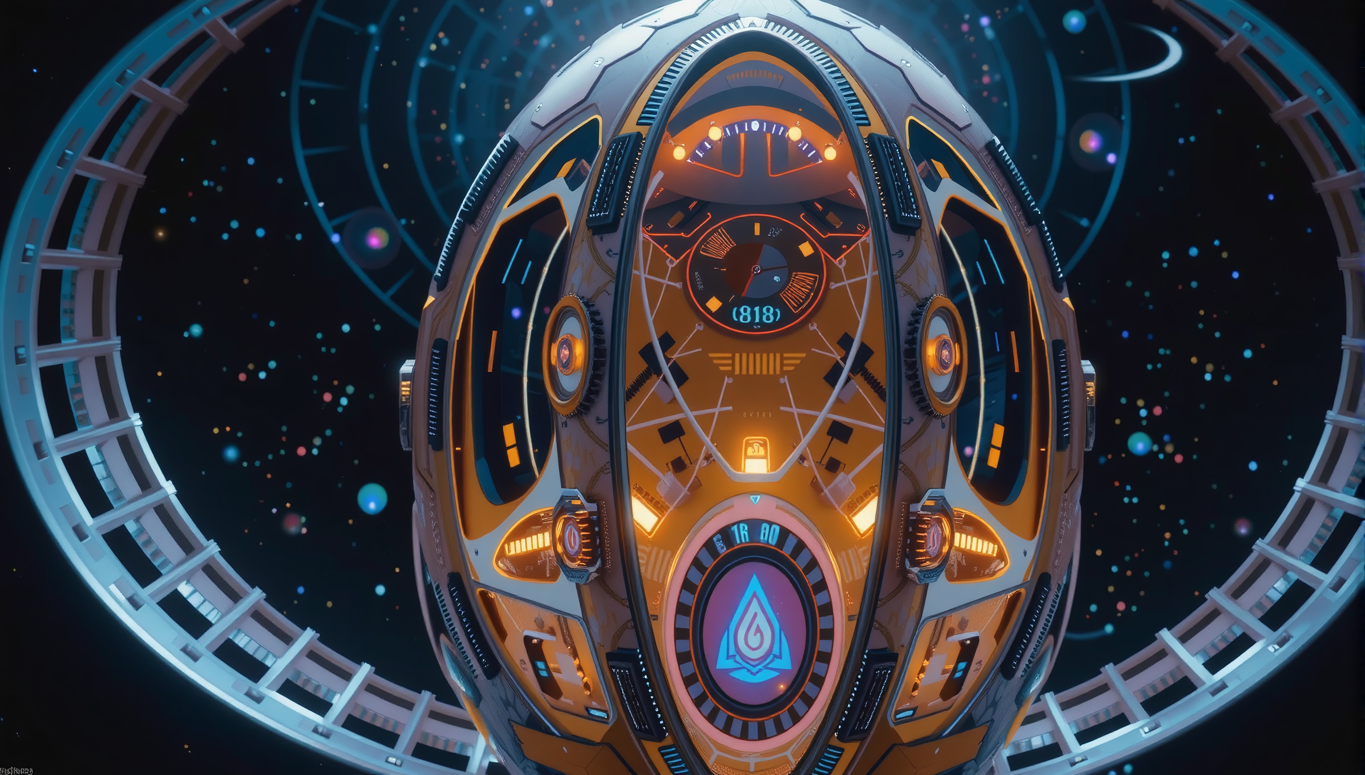 Futuristic device with orange lights against a starry space background.