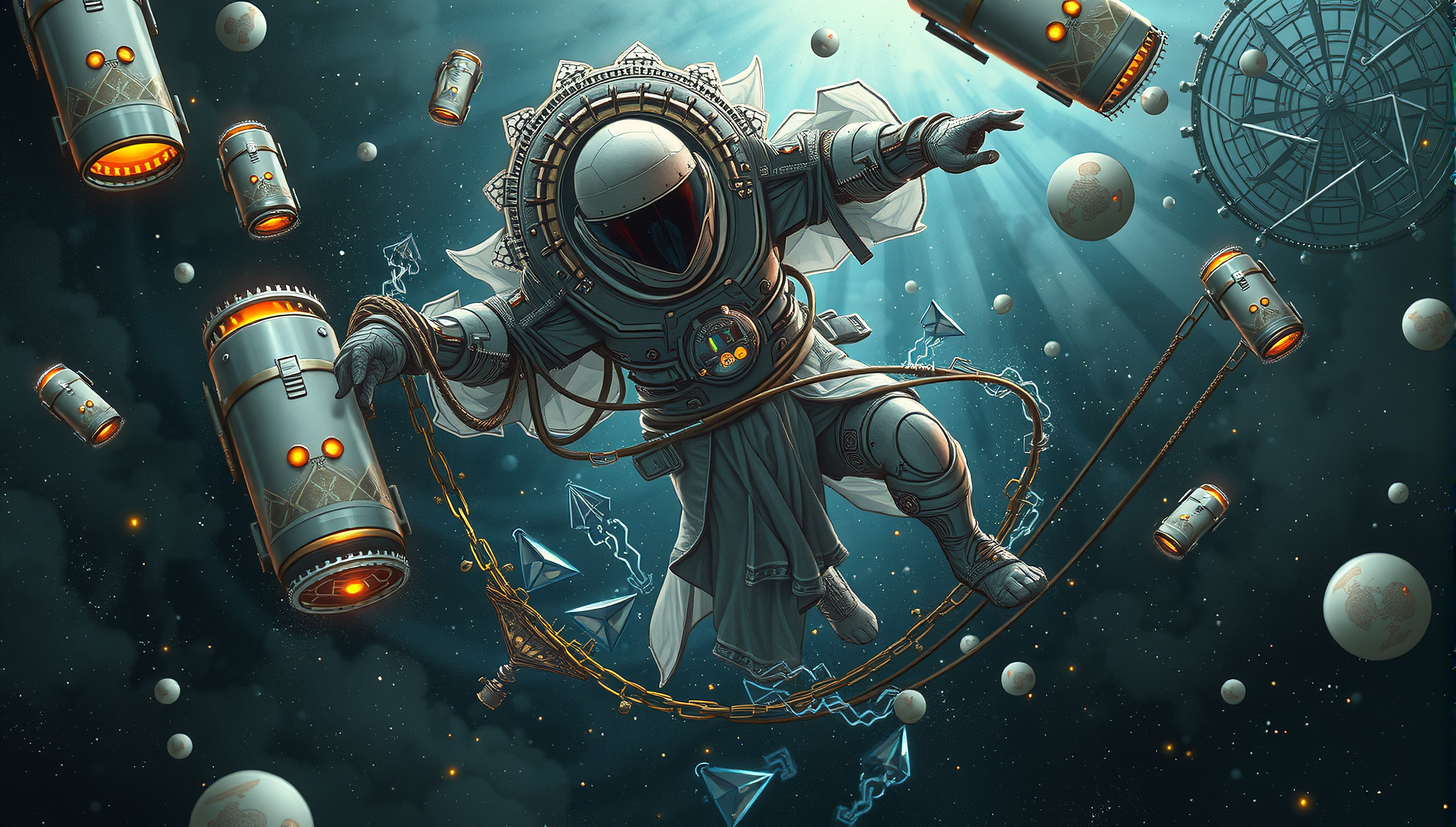 A steampunk astronaut navigates through space, surrounded by glowing canisters and celestial bodies.