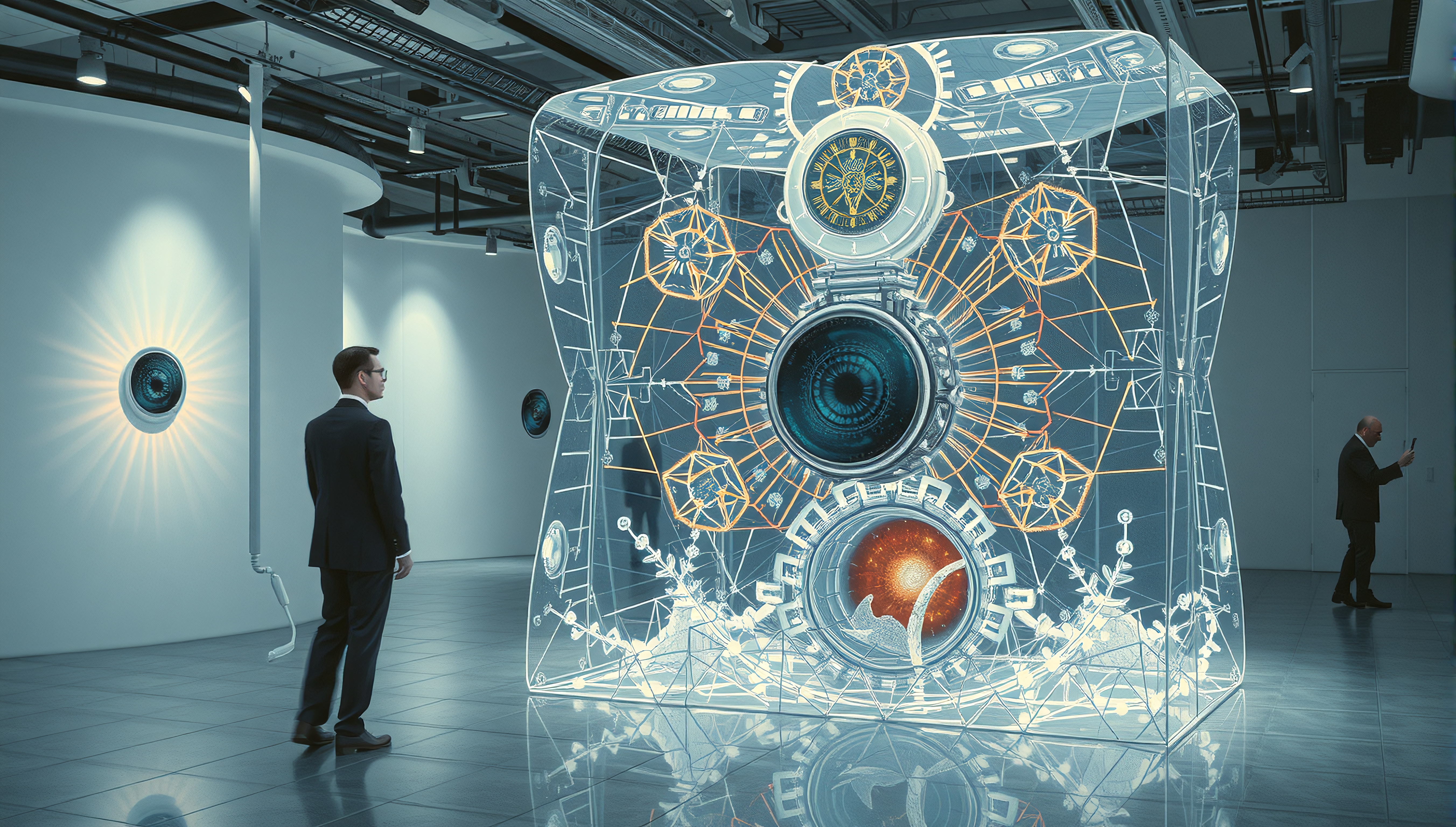 A futuristic art installation featuring geometric patterns and digital design elements in a modern gallery setting.