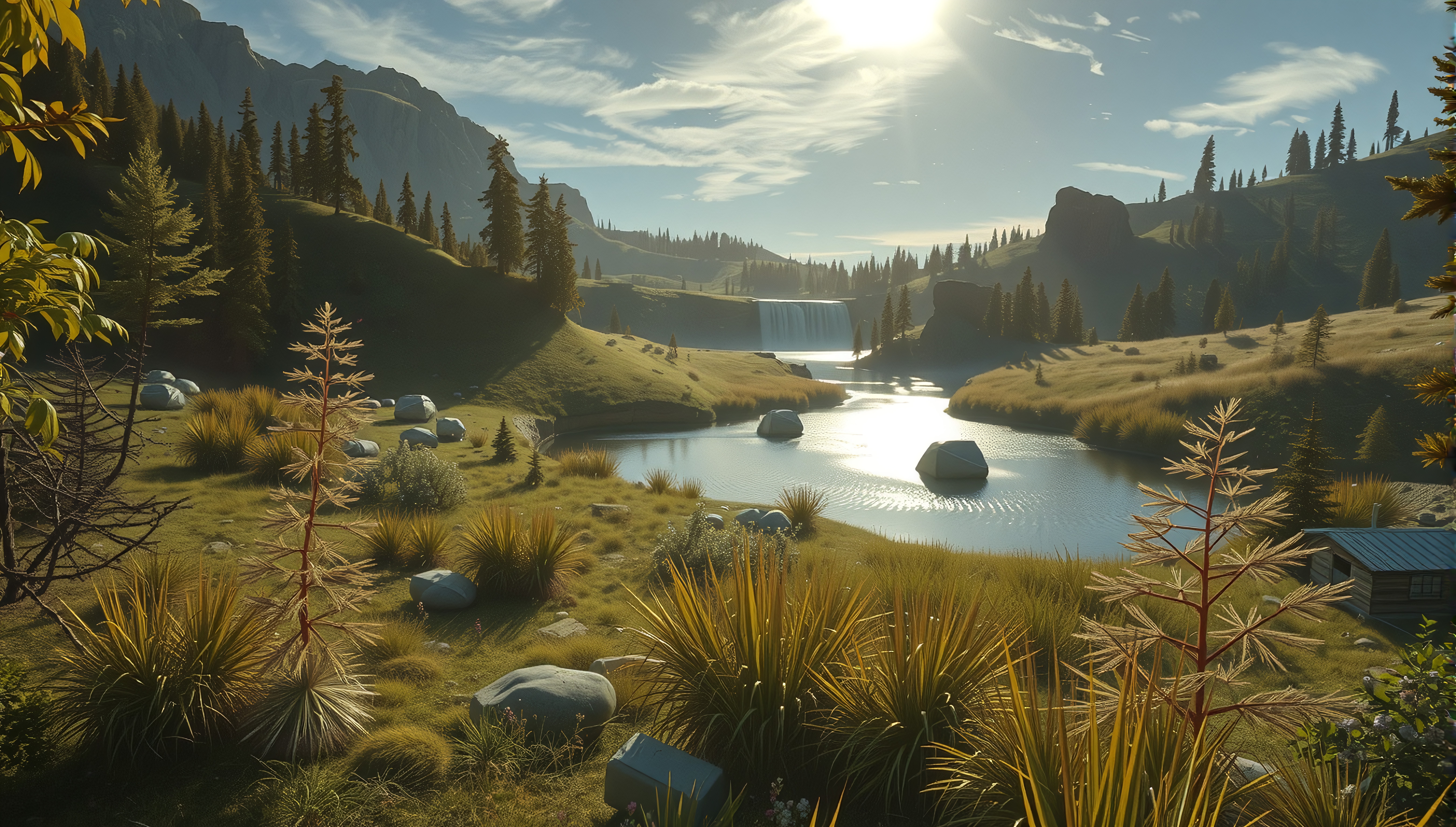 A serene valley landscape features a river, waterfall, and lush greenery under a tranquil sunset.