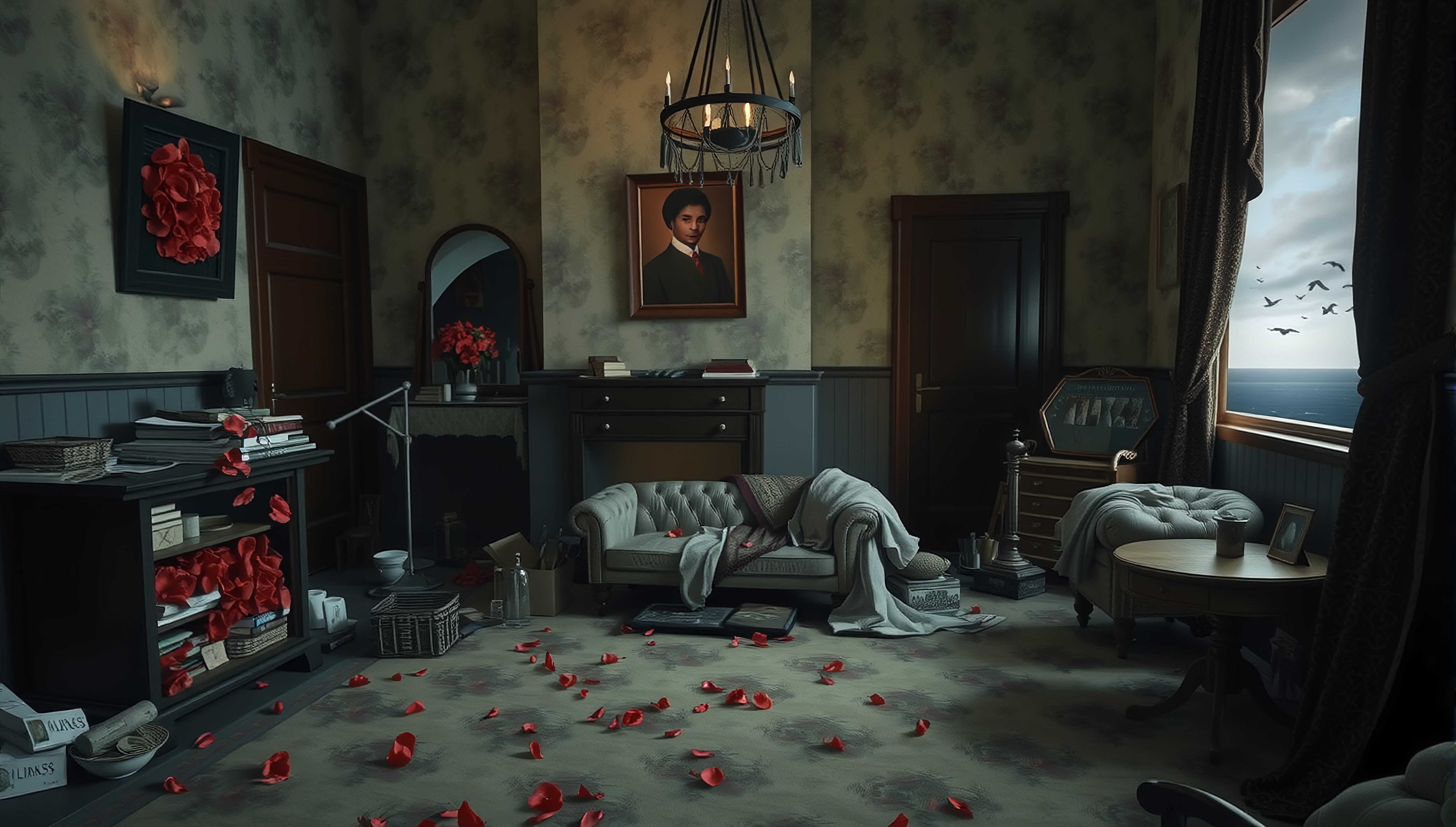 Dimly lit room with scattered roses, antique decor, and ocean view.