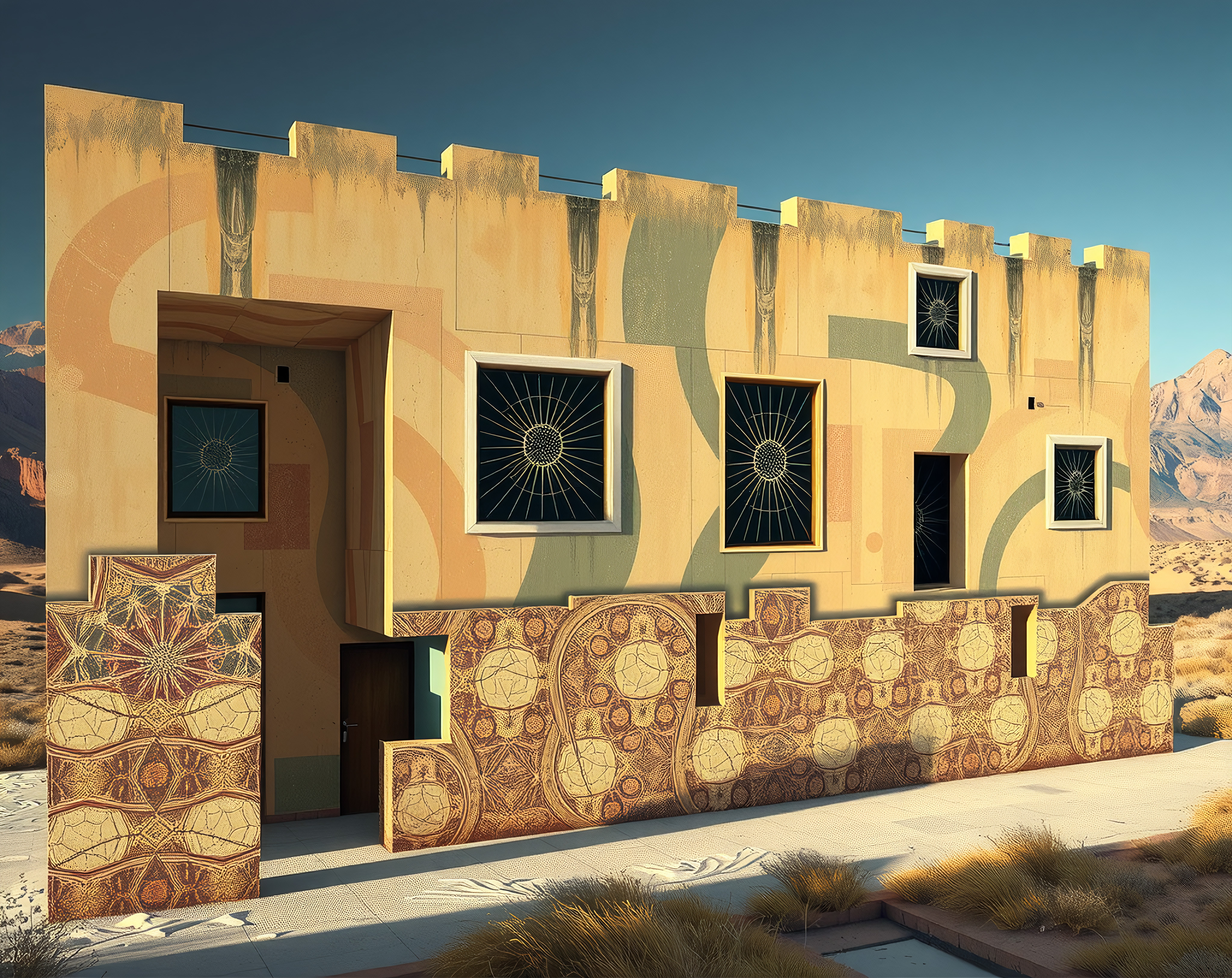 Modern building with geometric patterns in desert setting.