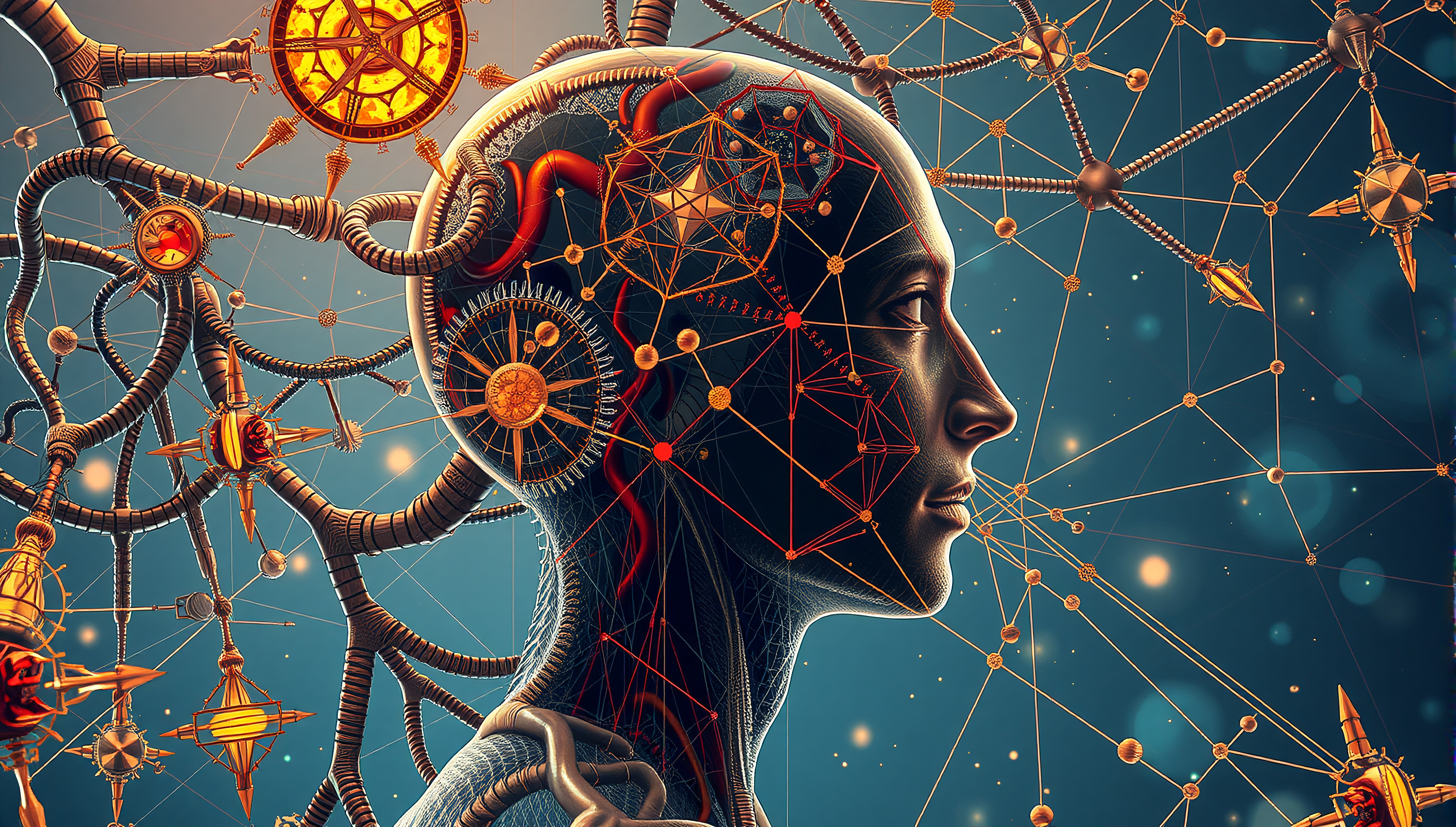 Futuristic Mechanical Brain with Celestial Gears and Neural Netw