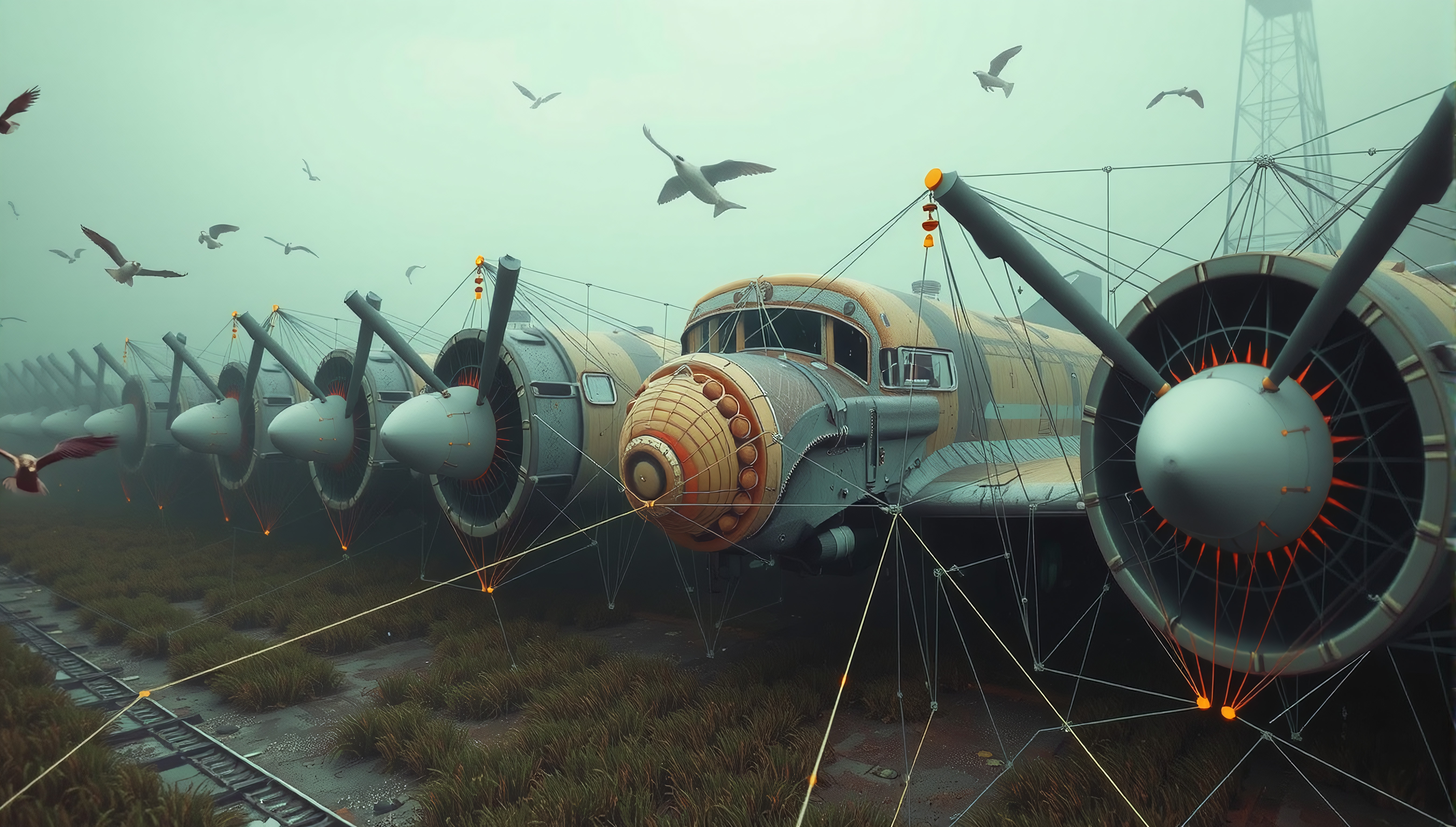 An array of vintage airplanes grounded in a misty field, surrounded by soaring birds and overgrown grass, creates a serene yet nostalgic scene.