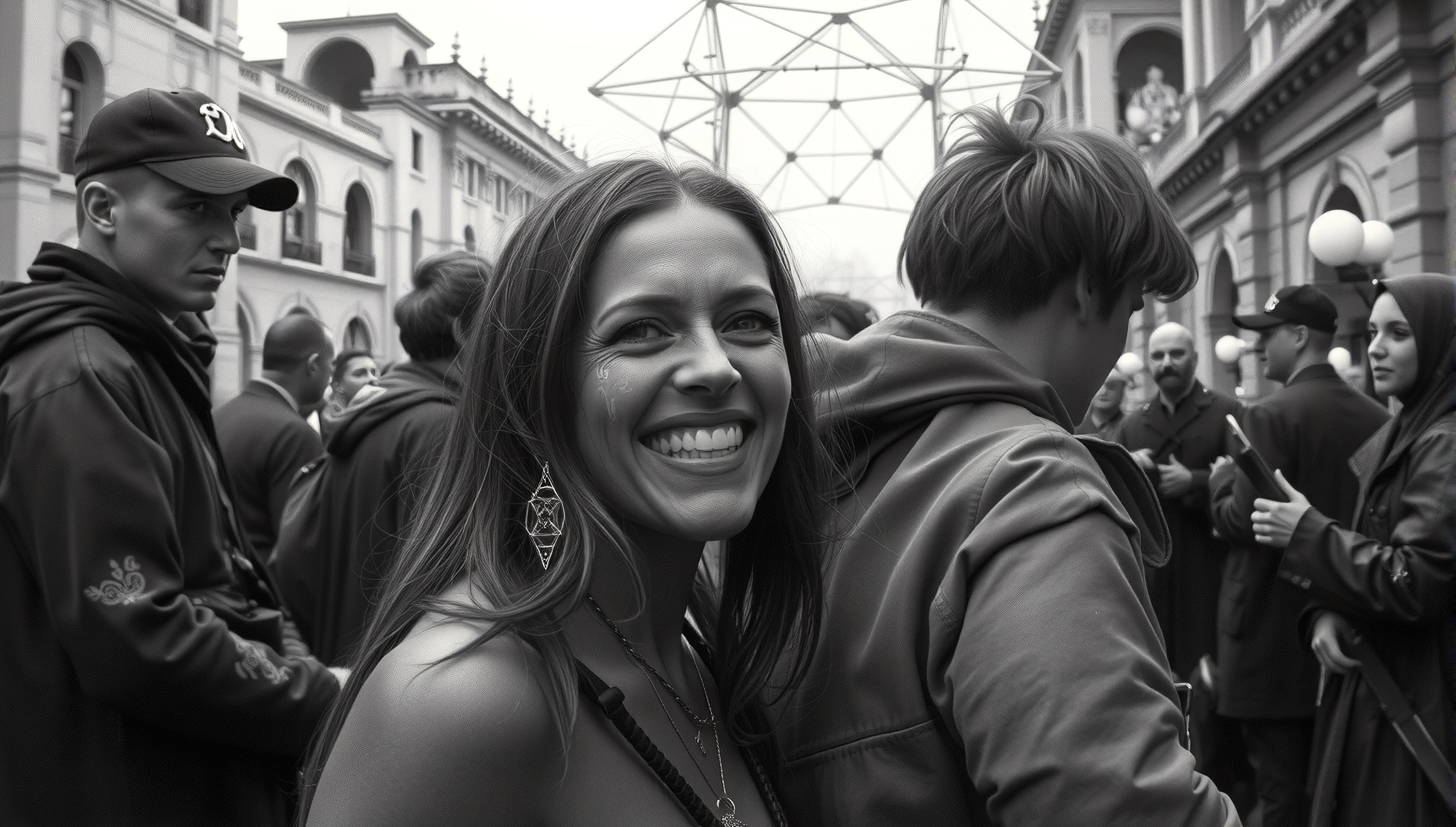 Urban Gathering with Smiling Woman