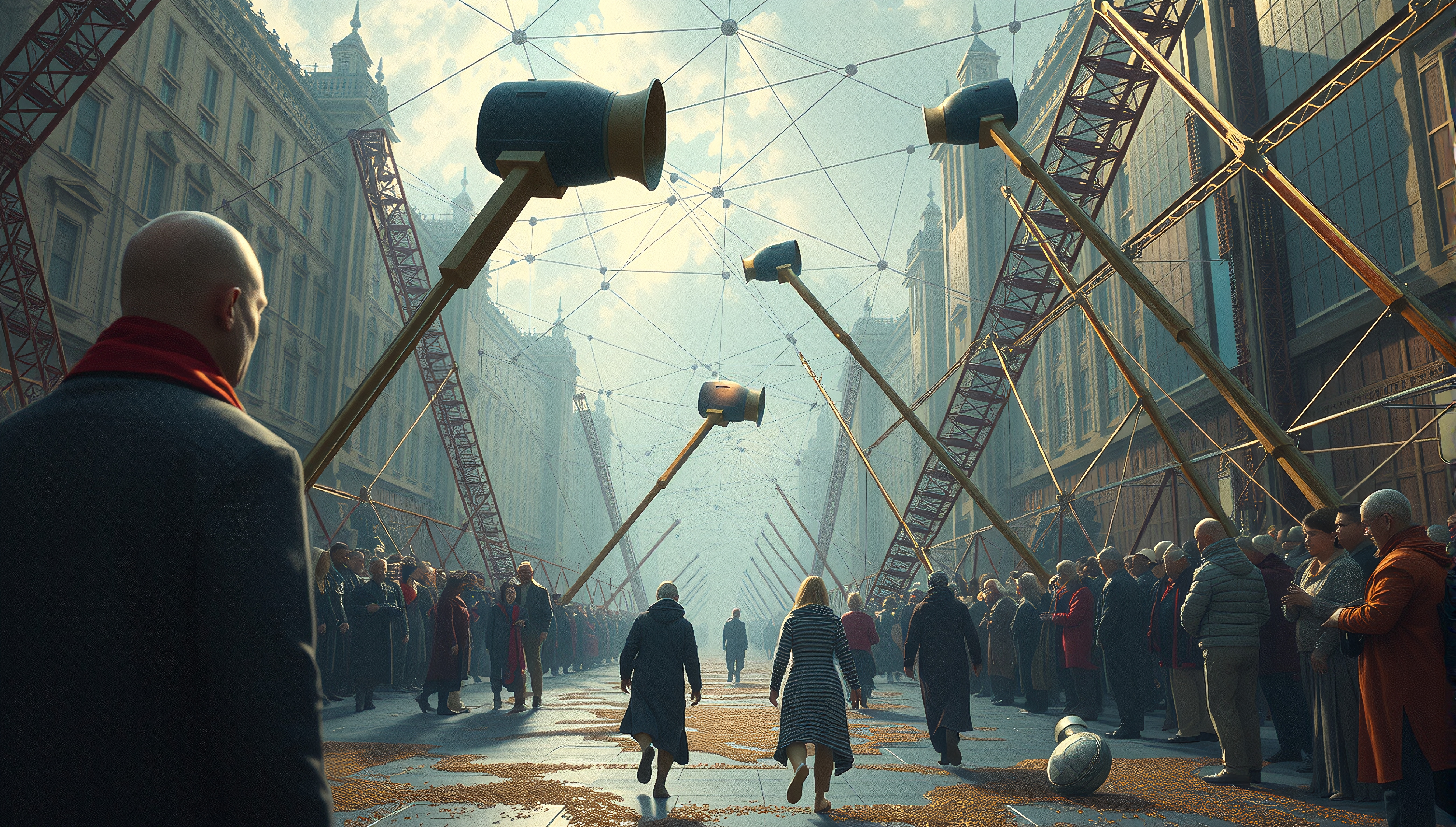 Lively urban scene with crowd, large speakers, and vibrant architectural backdrop.