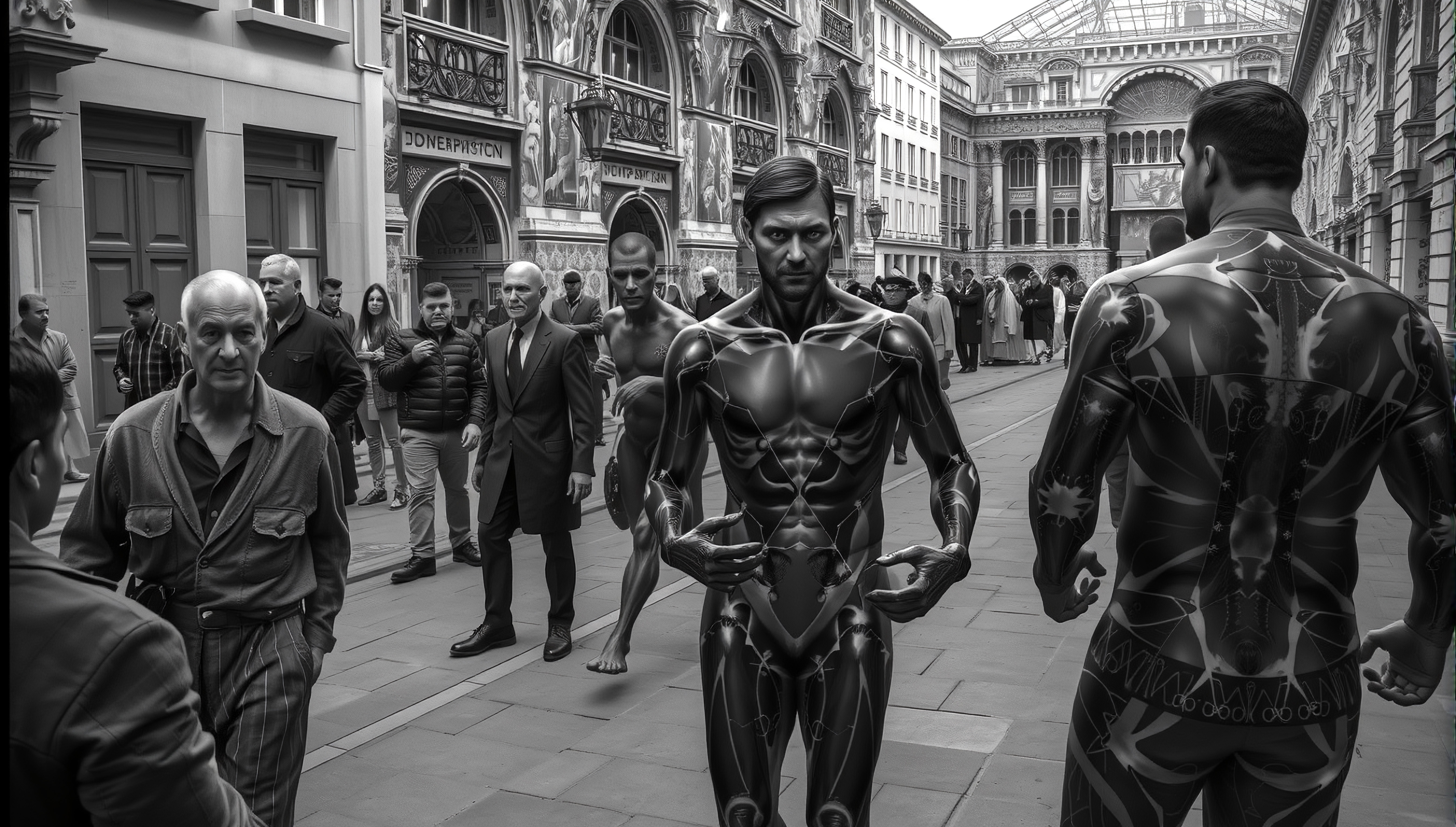 A futuristic art display on a busy historic street.