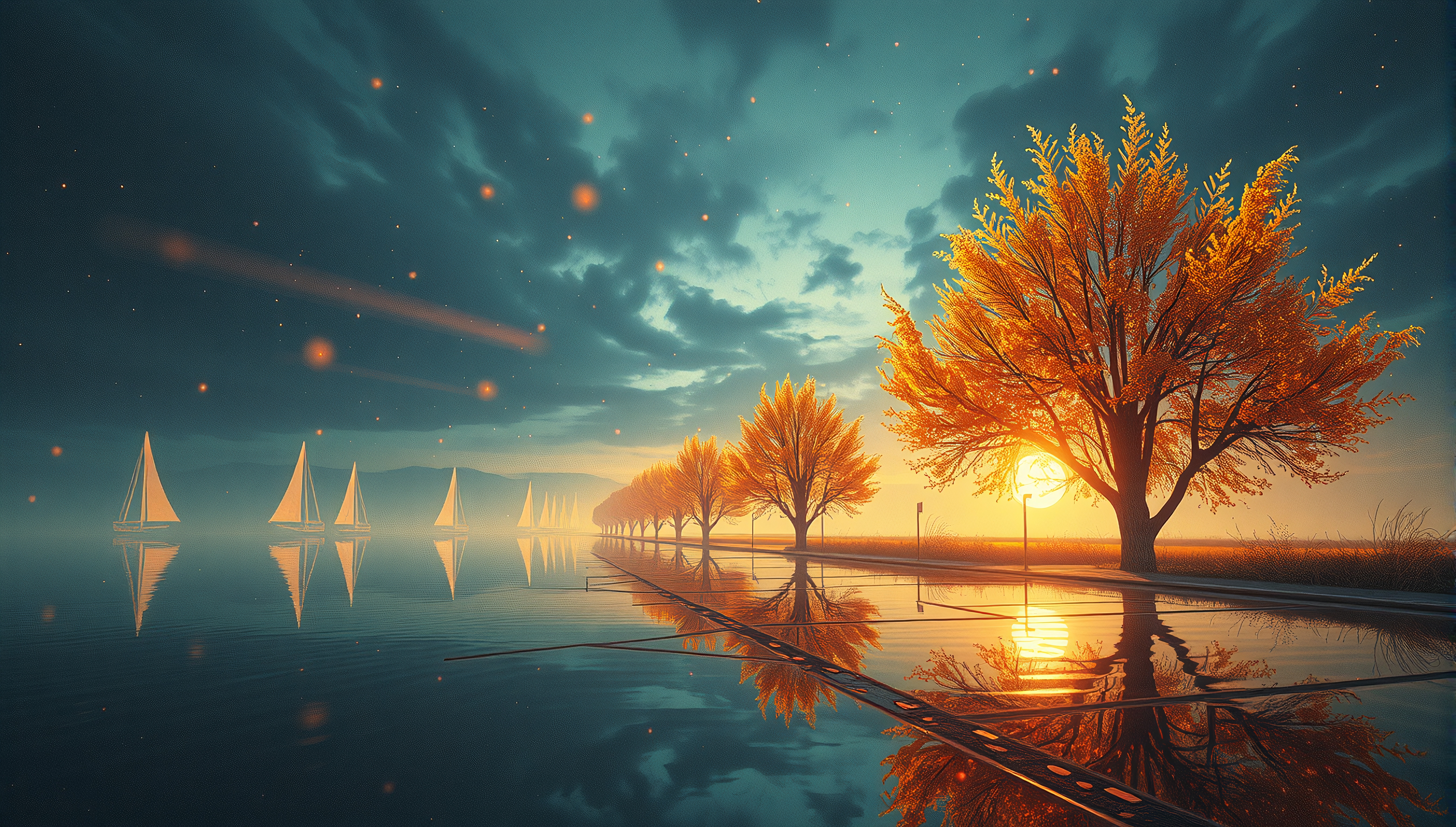 A picturesque scene of vibrant autumn trees reflecting in tranquil waters with sailboats and a glowing sunset.