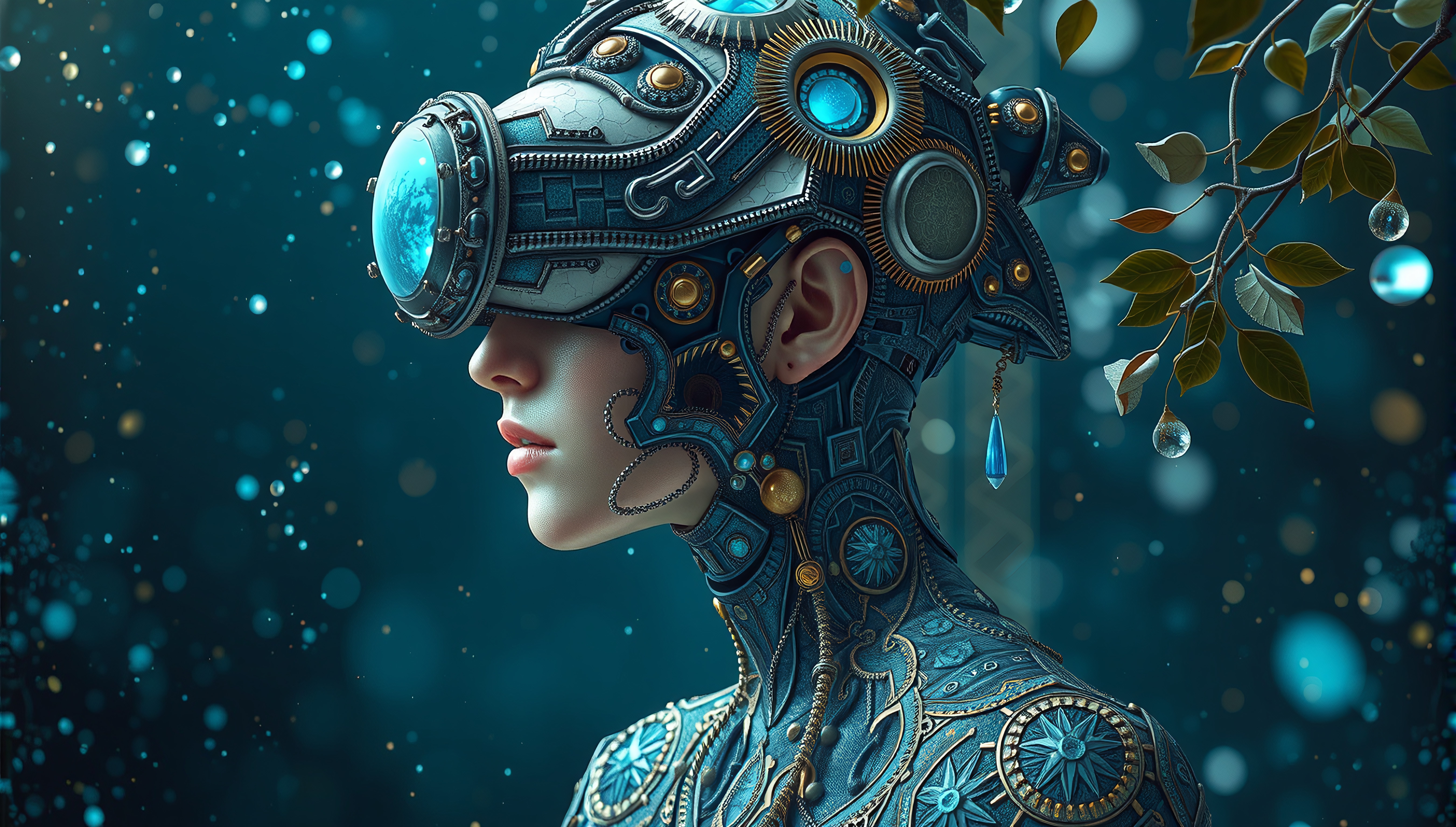 Futuristic cybernetic figure with intricate mechanical details and vibrant blue accents.