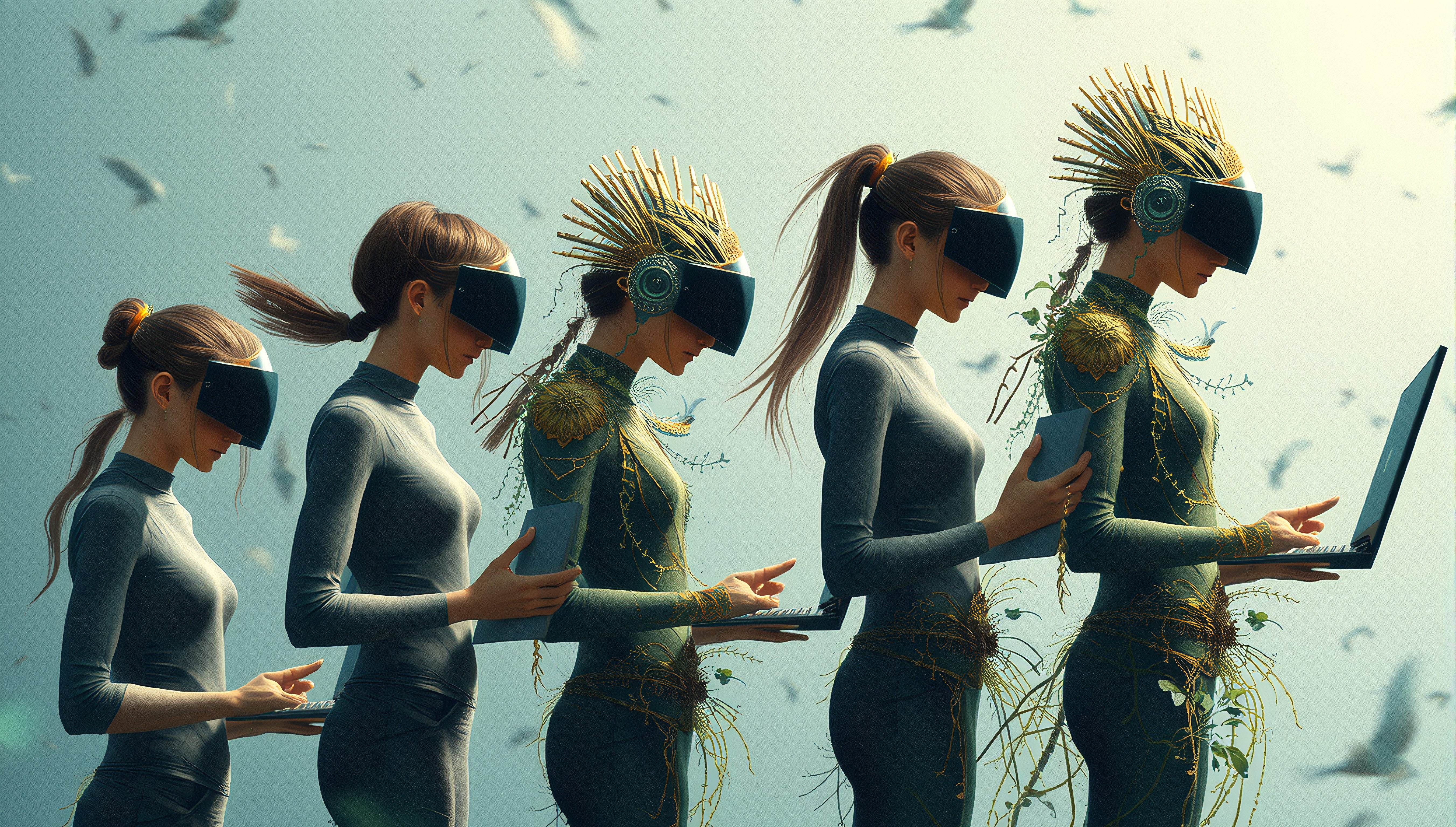 Five futuristic women with VR headsets embody digital and natural evolution.