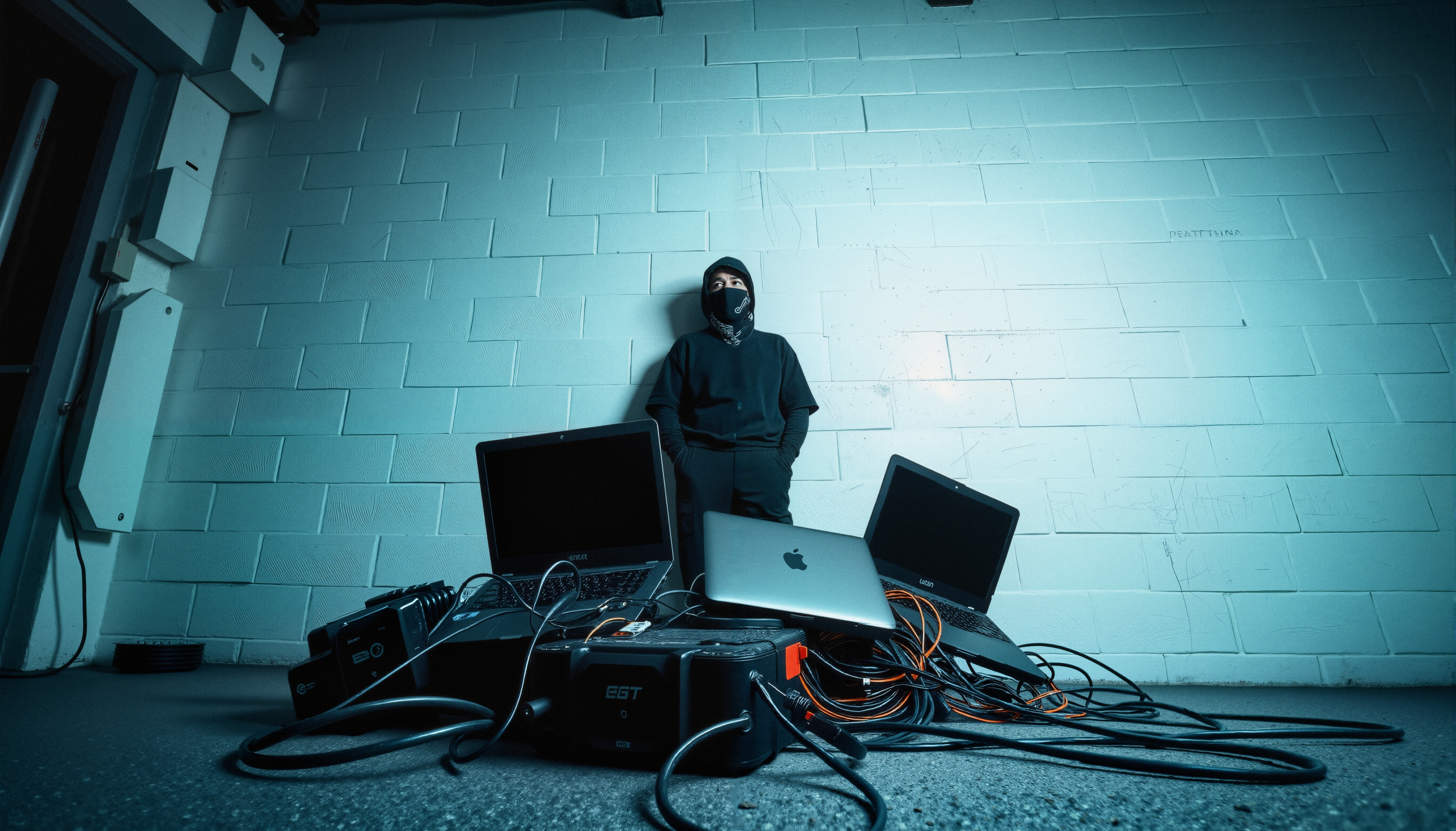 Person in dark clothing amidst laptops and cables, suggesting secretive tech activity.