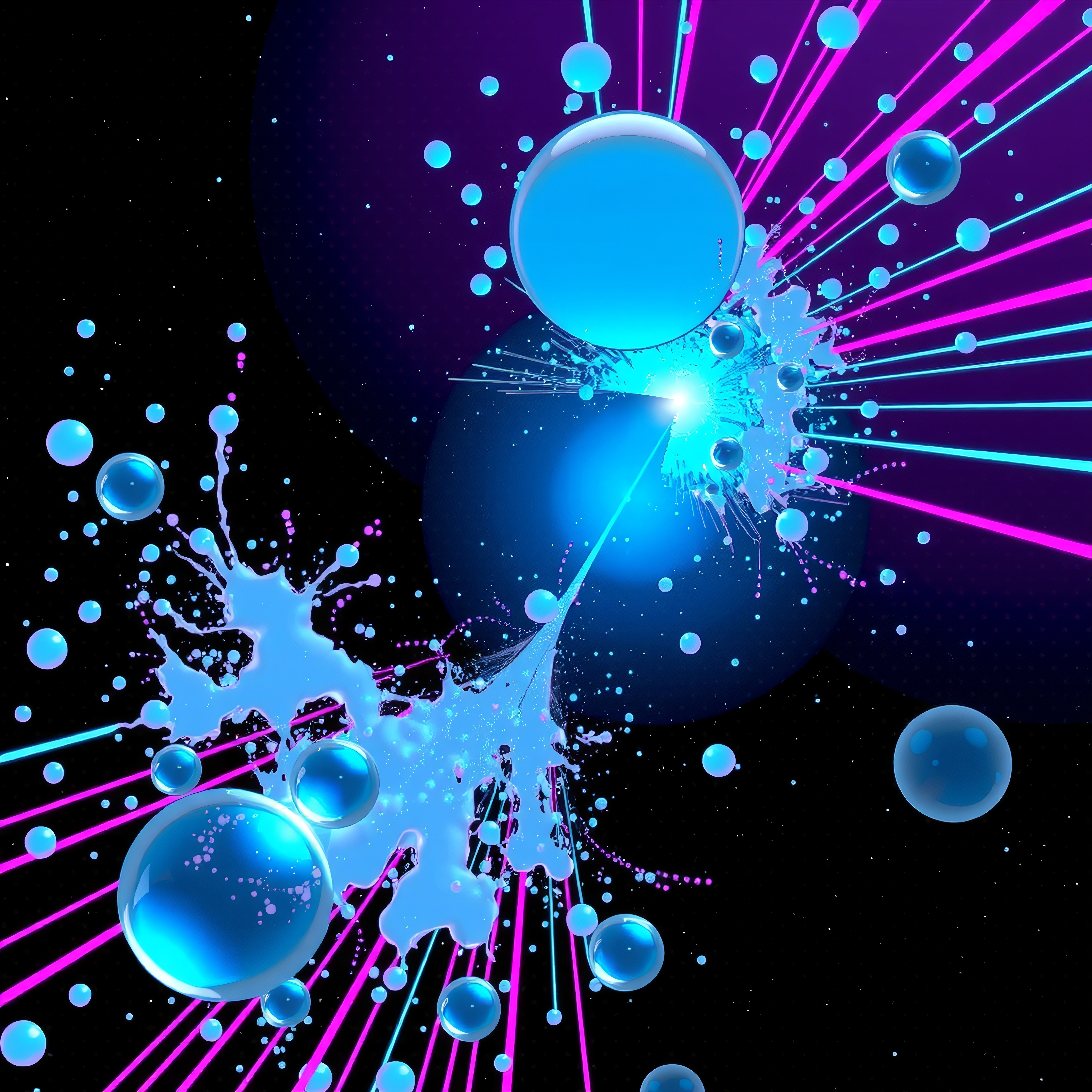 Abstract image with vibrant blue and purple beams, bubbles, and cosmic energy burst on a dark background.