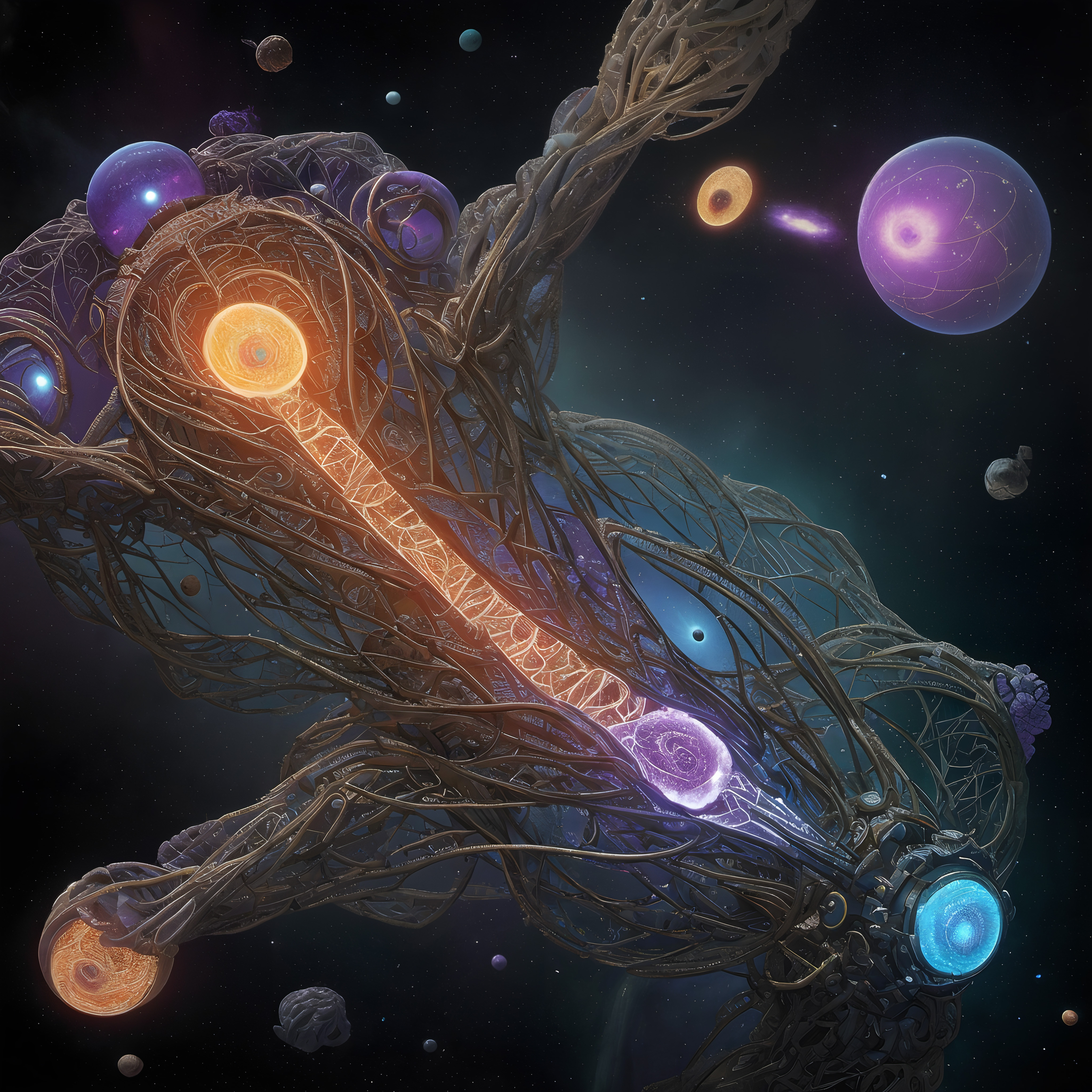 Alien bio-mechanical creature soaring through vibrant cosmic landscape filled with planets and neon energy cores