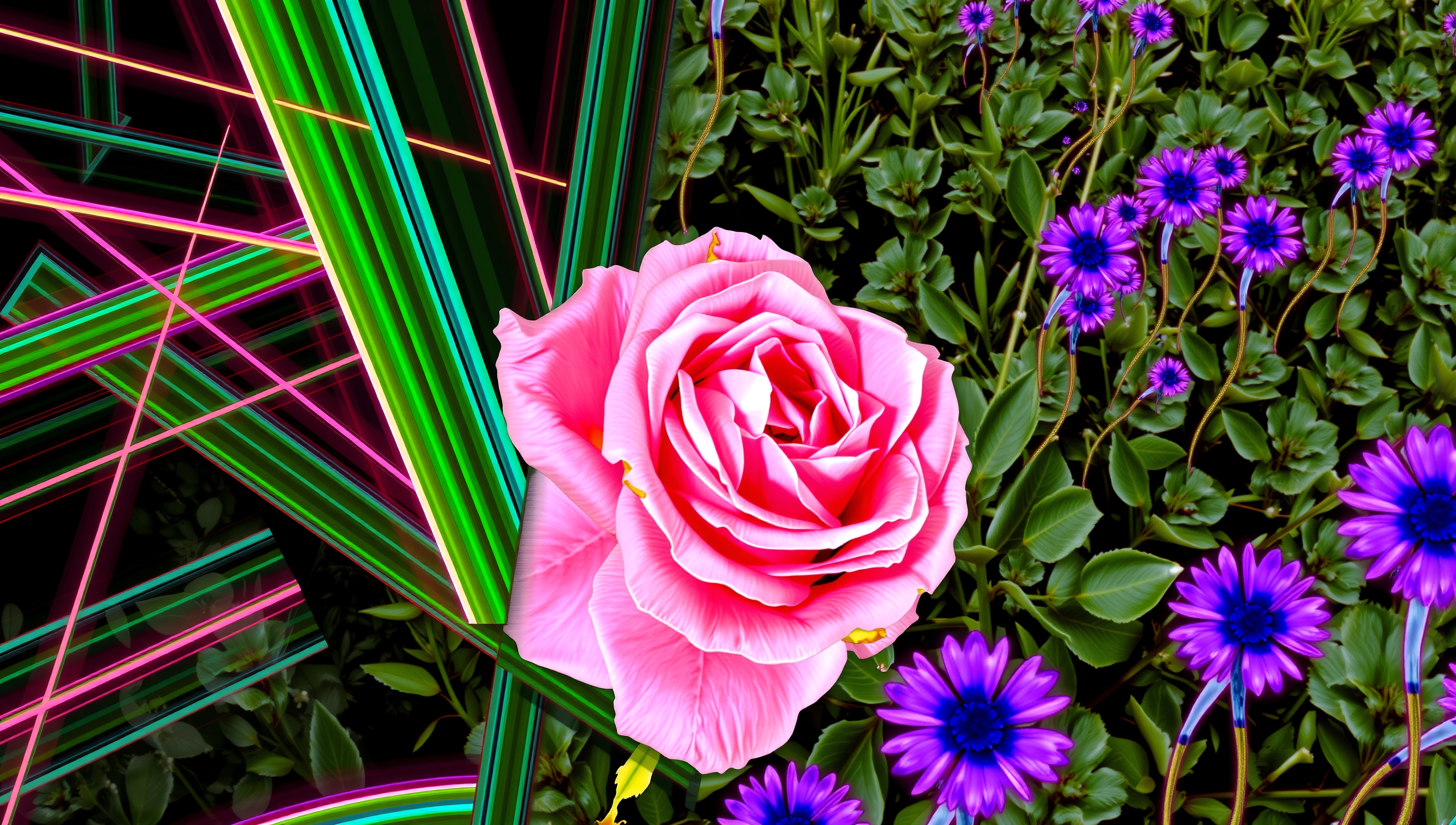 A pink rose and purple flowers juxtaposed against neon lights in a digital art composition.