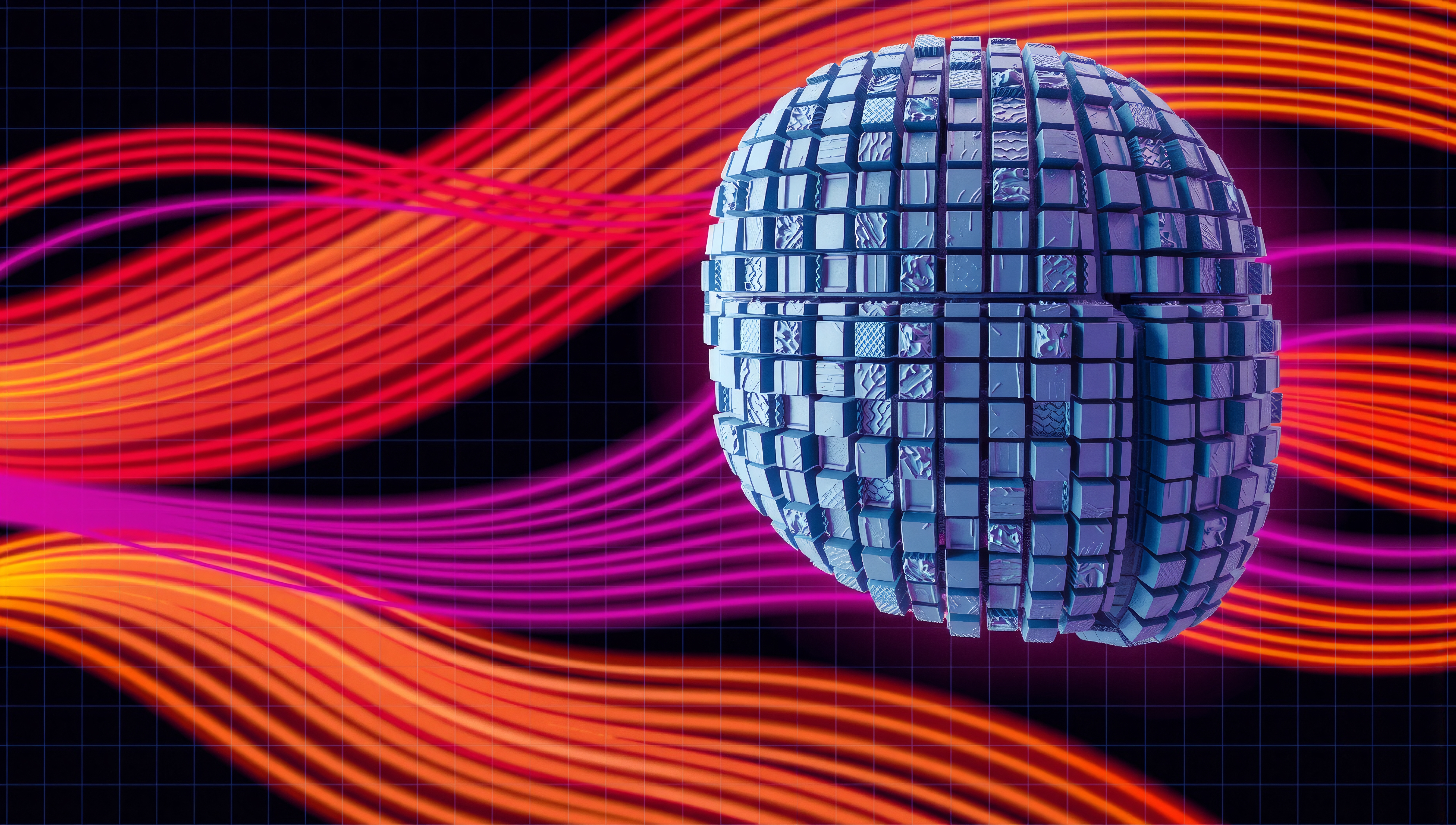 A 3D sphere of textured blocks floats against a vibrant backdrop of pink and orange flowing lines.