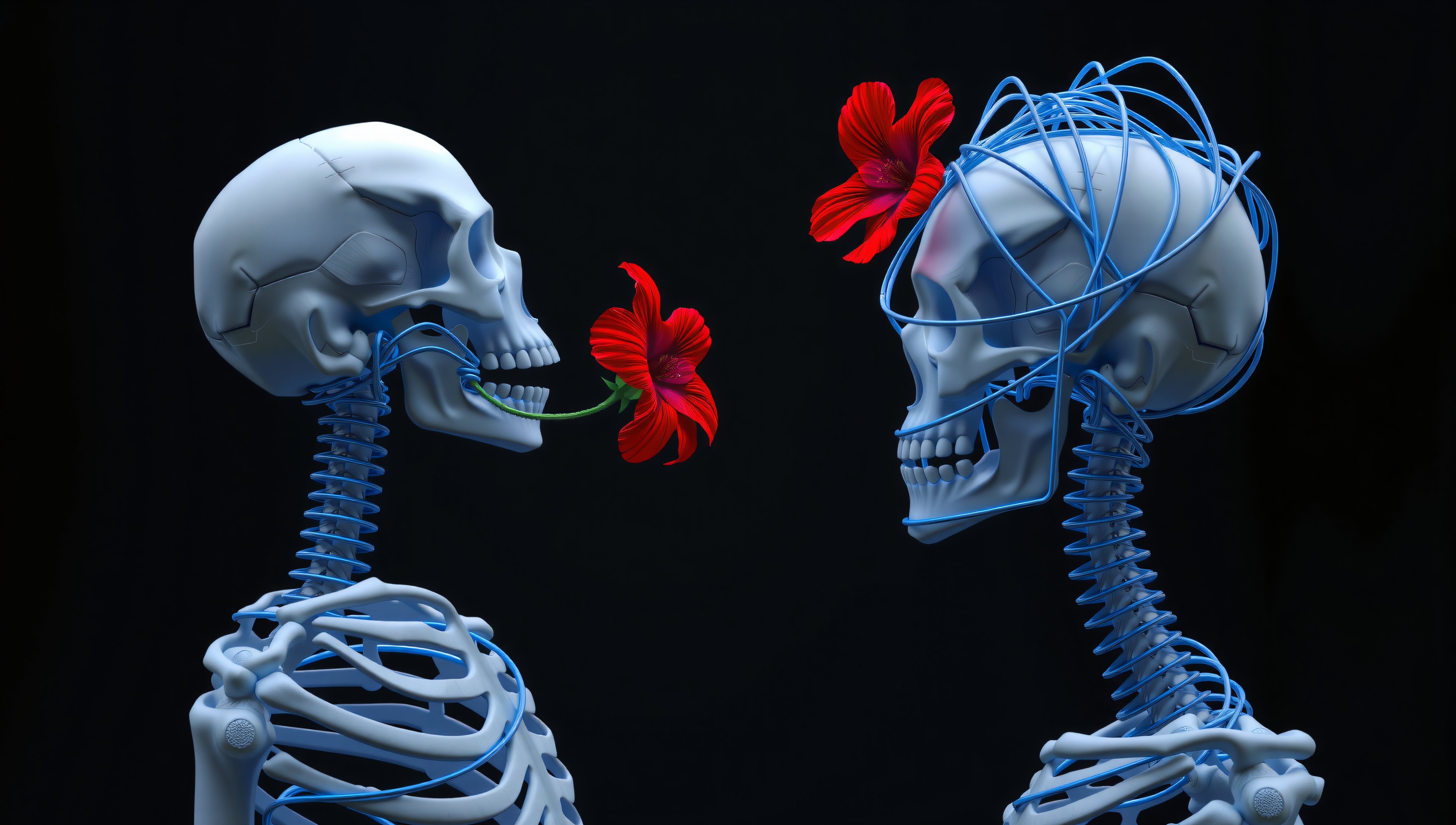 Two Skeletal Figures with Blue Wires and Red Flowers on Black Ba