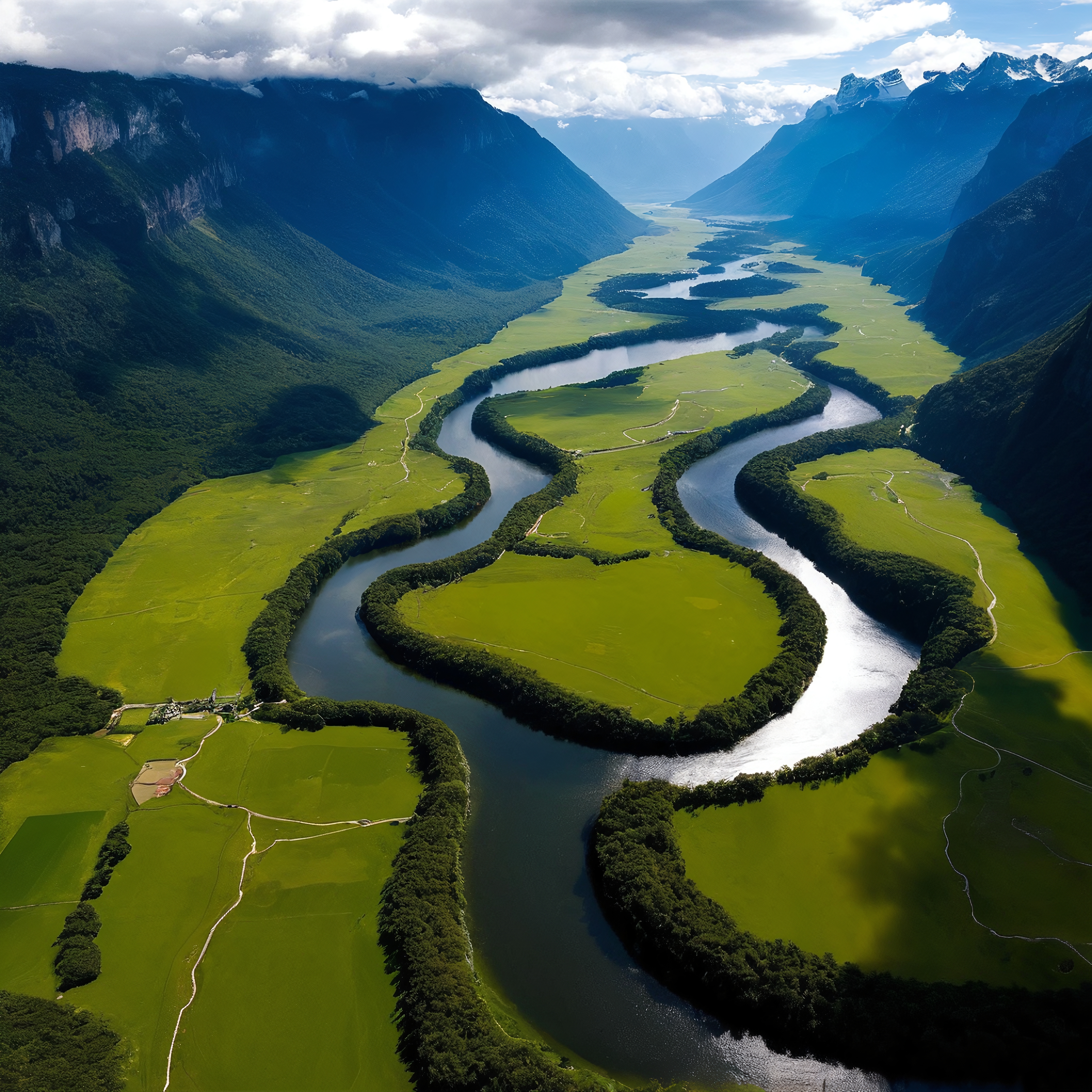 A winding river cuts through a lush, green valley surrounded by dramatic mountains and scattered clouds.