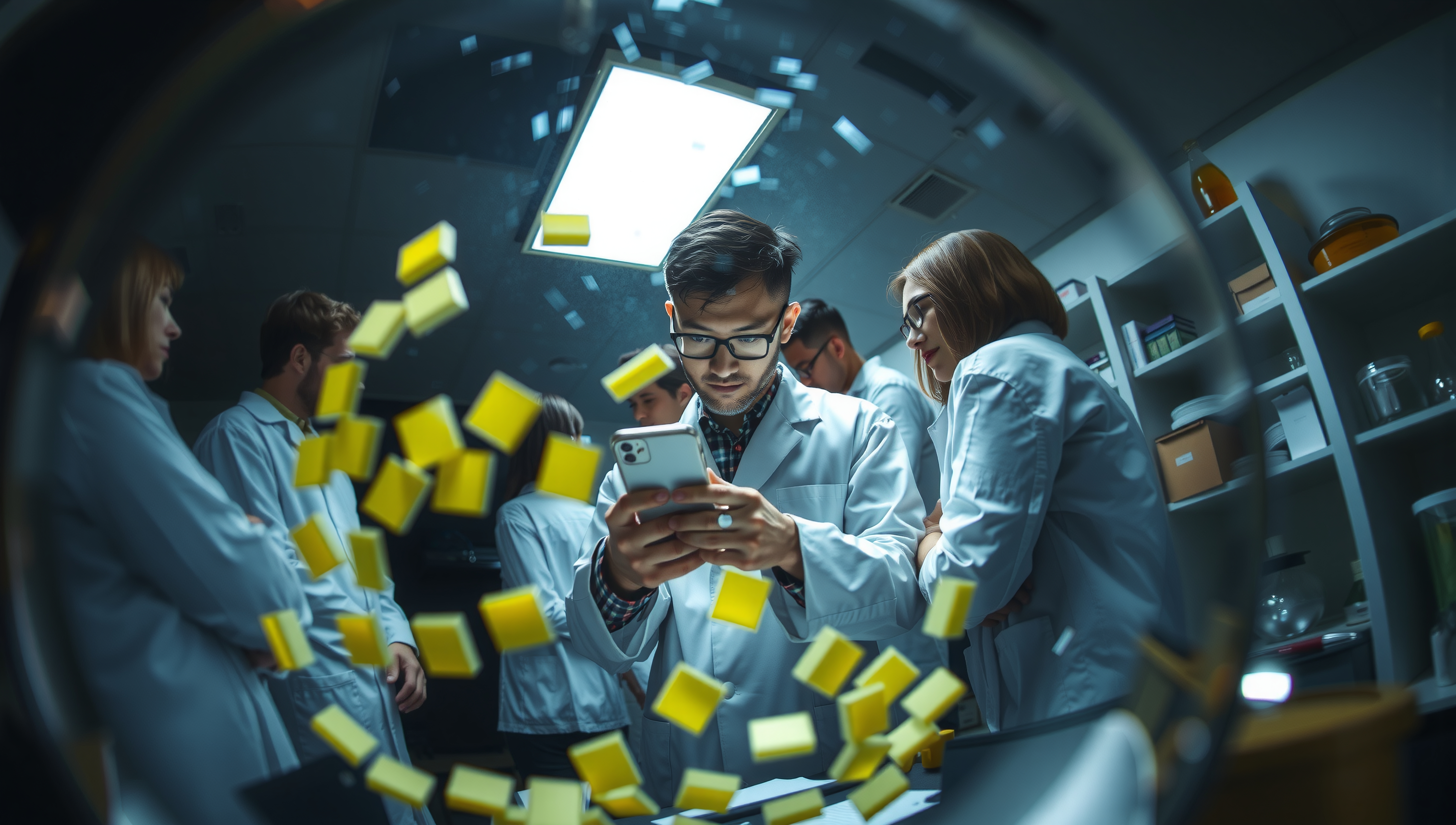 A group of scientists in a lab surrounded by yellow sticky notes, focusing on research.