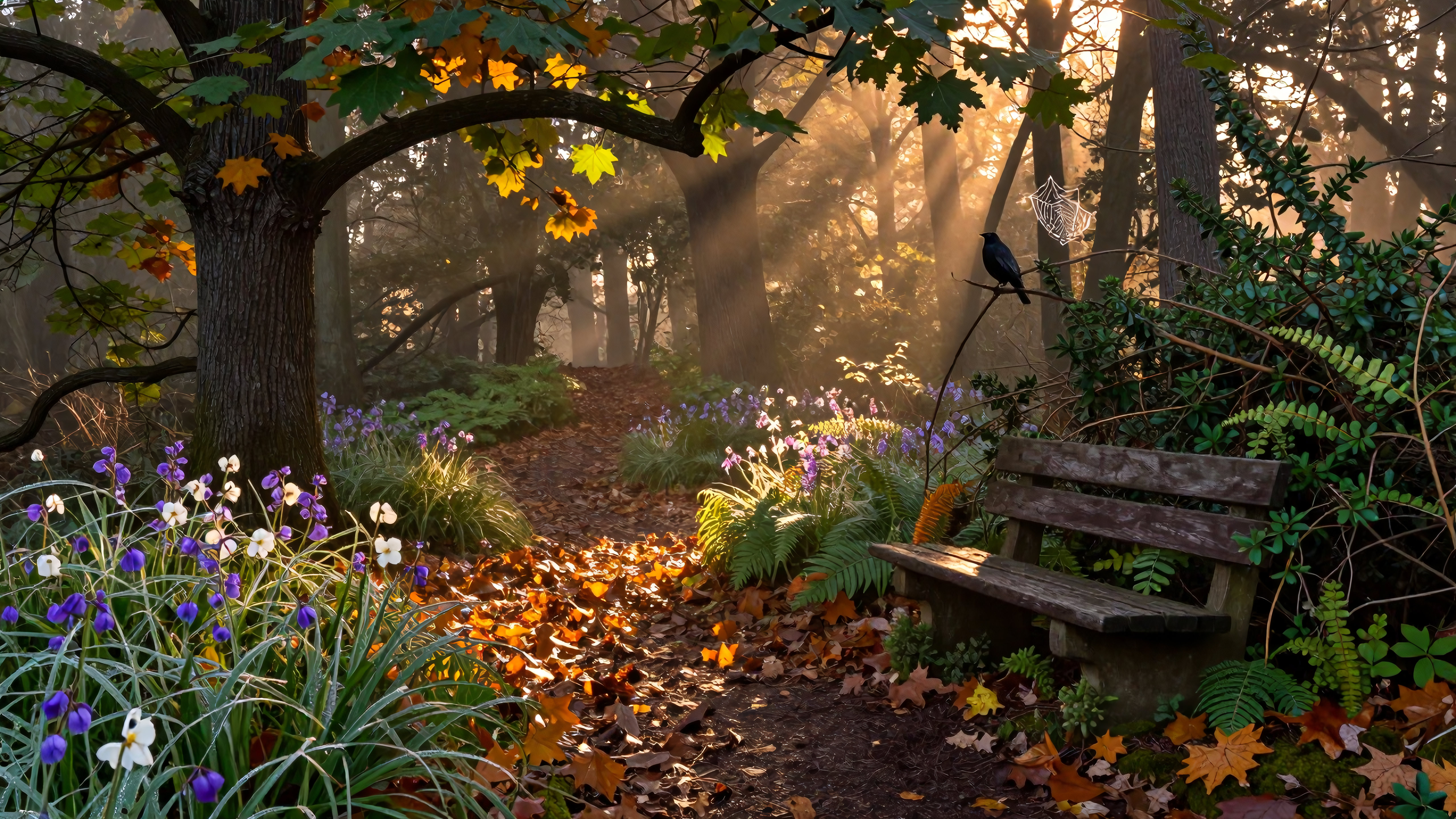 Peaceful autumn forest path with wooden bench, sunbeam rays, birds, flowers, and falling leaves
