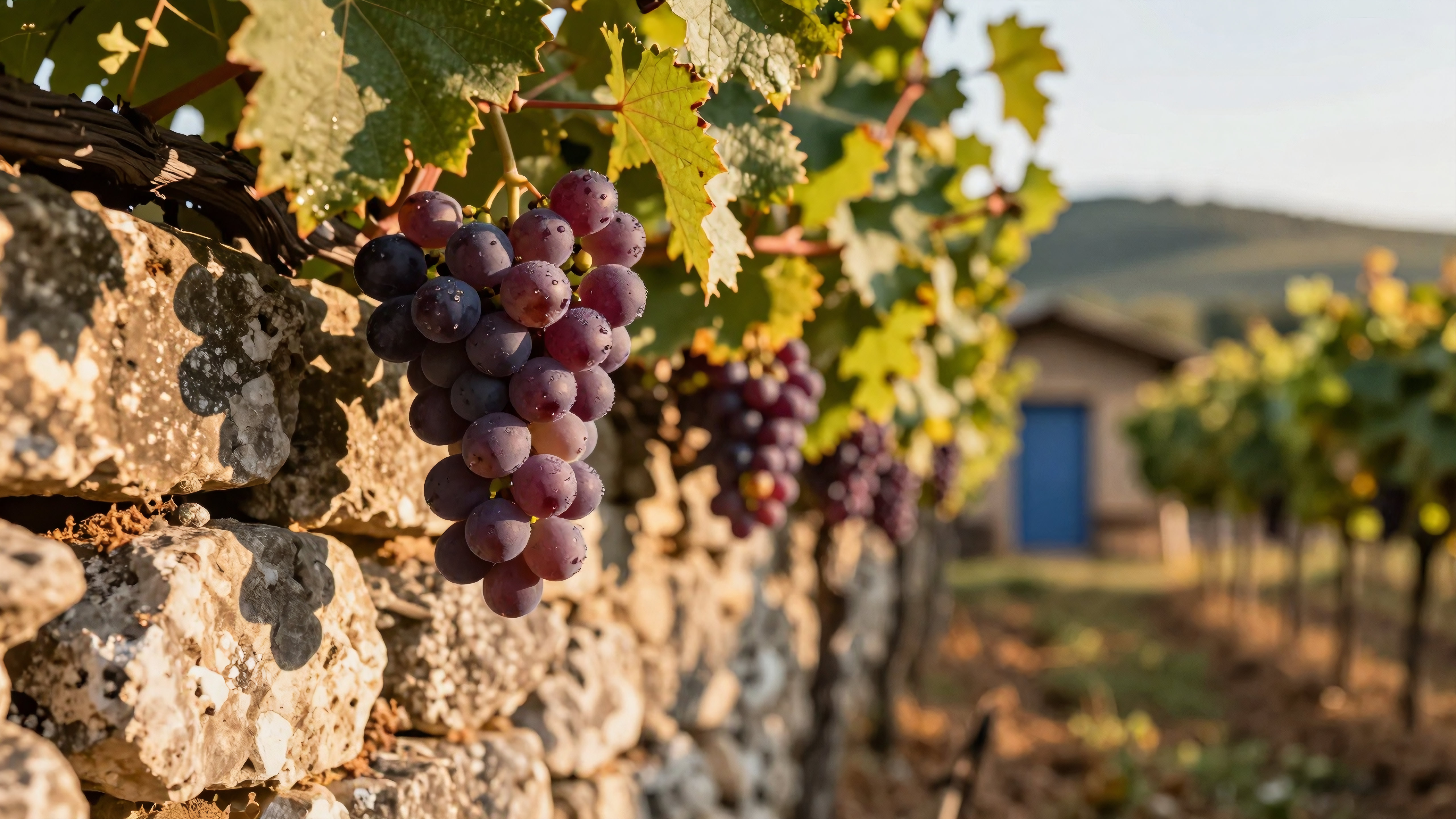 Purple grape clusters on vine near stone wall in vineyard landscape