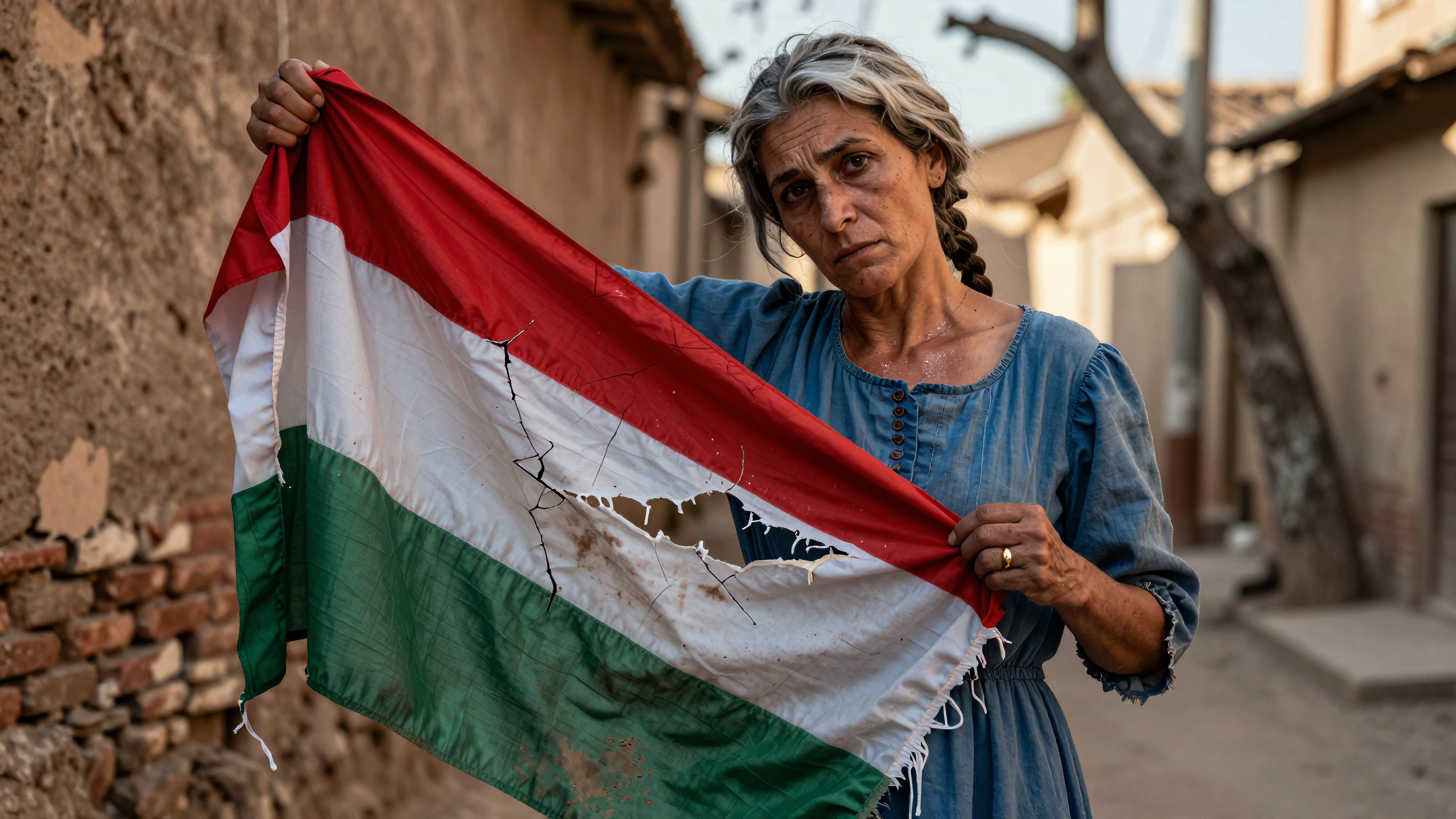 Elderly woman holding damaged Hungarian flag in rustic village alleyway