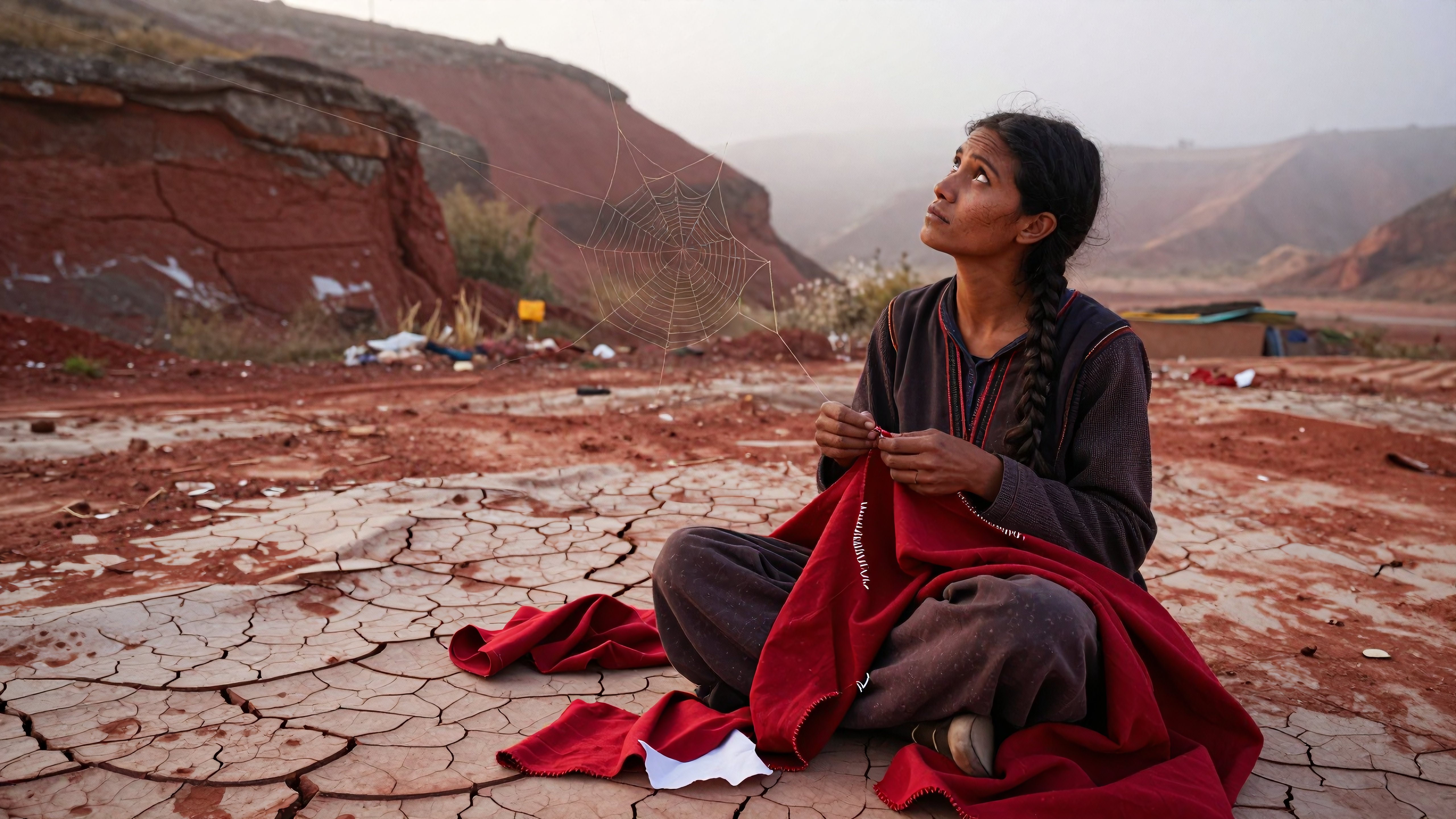 Woman sitting alone in dry desert holding red cloth under dusty skies near spiderweb