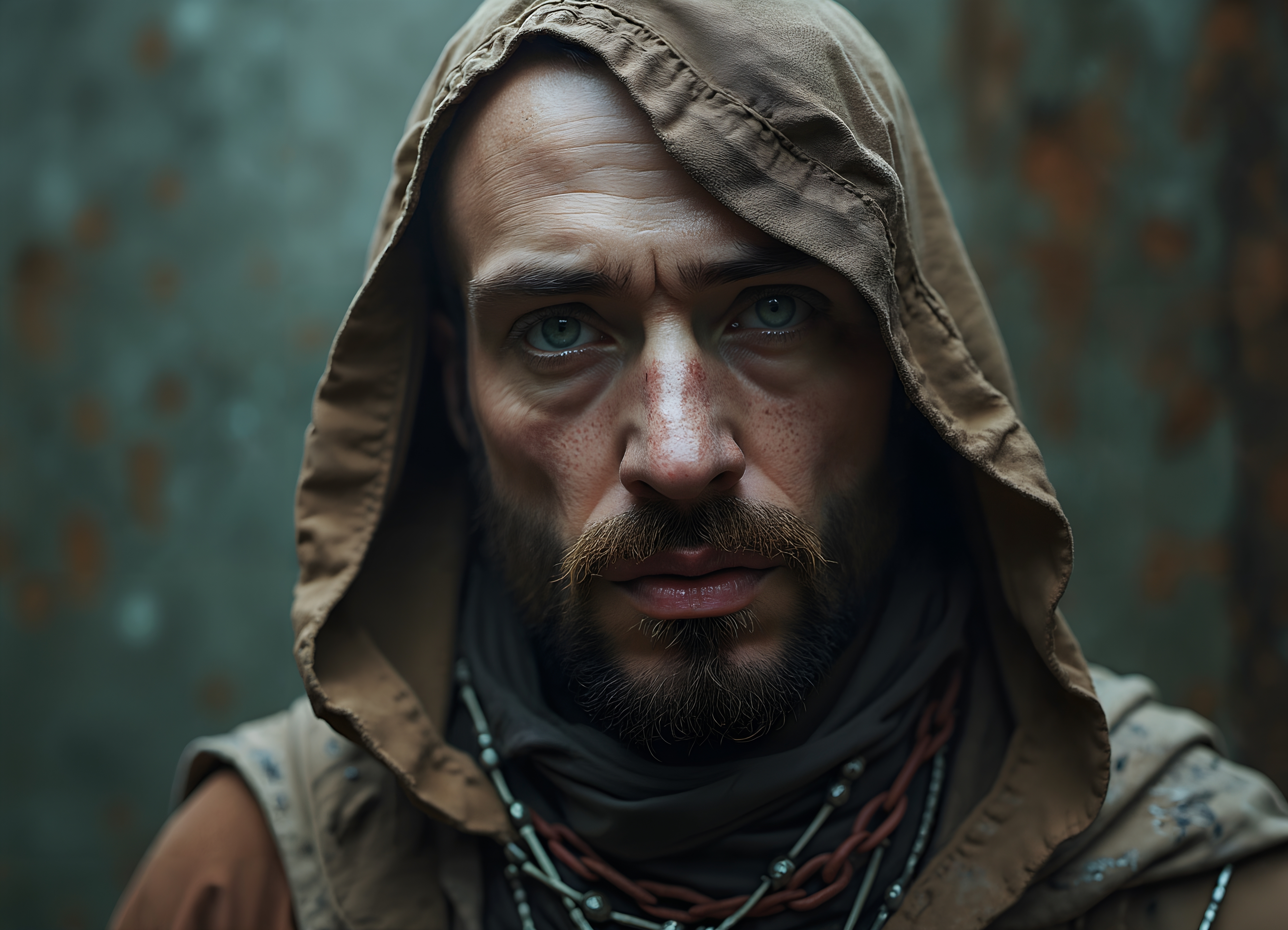 Portrait of a rugged man with brown hood and green eyes.