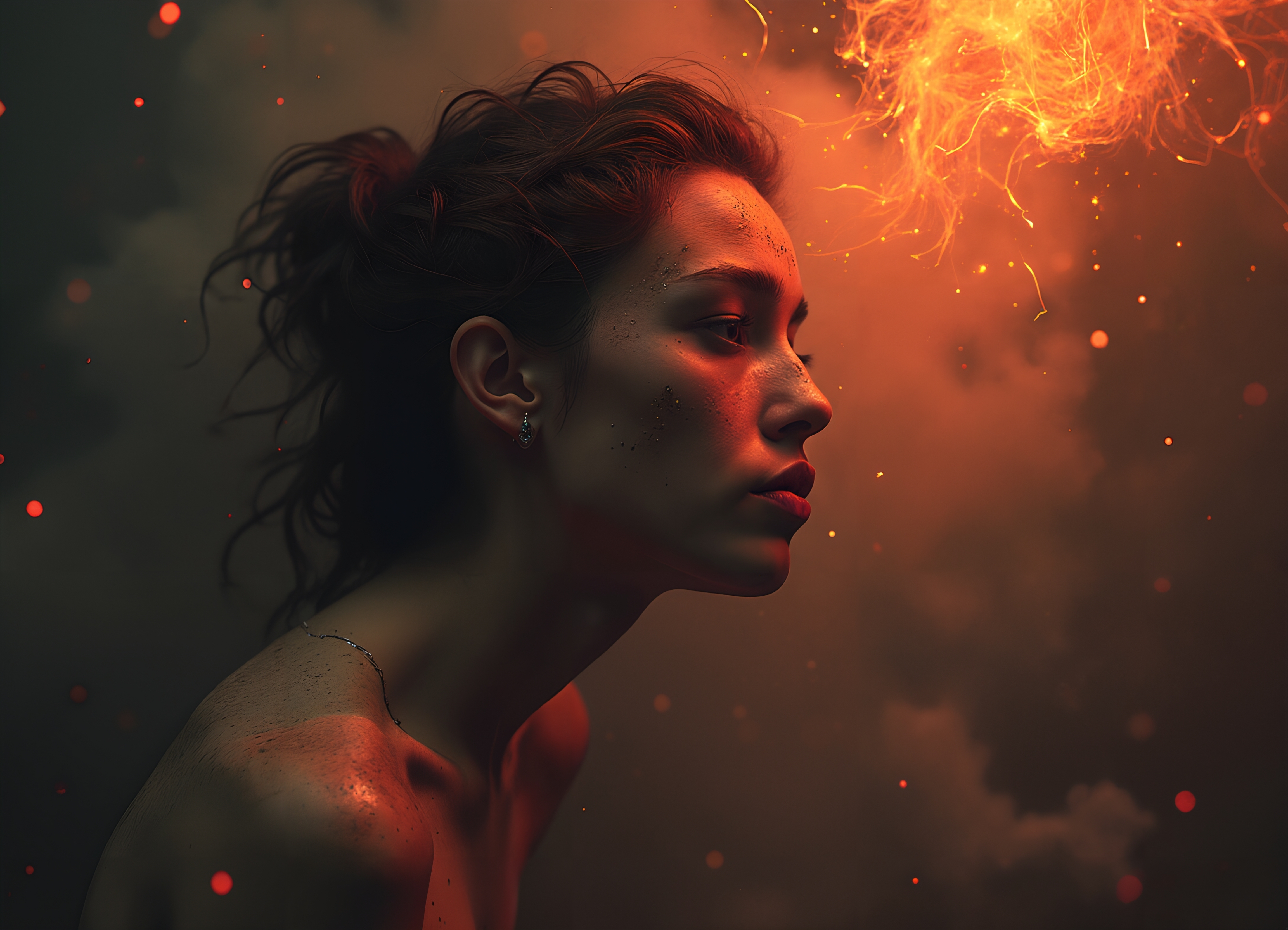 A woman’s profile illuminated by dramatic fiery orange light and swirling sparks creating a mystical atmosphere.