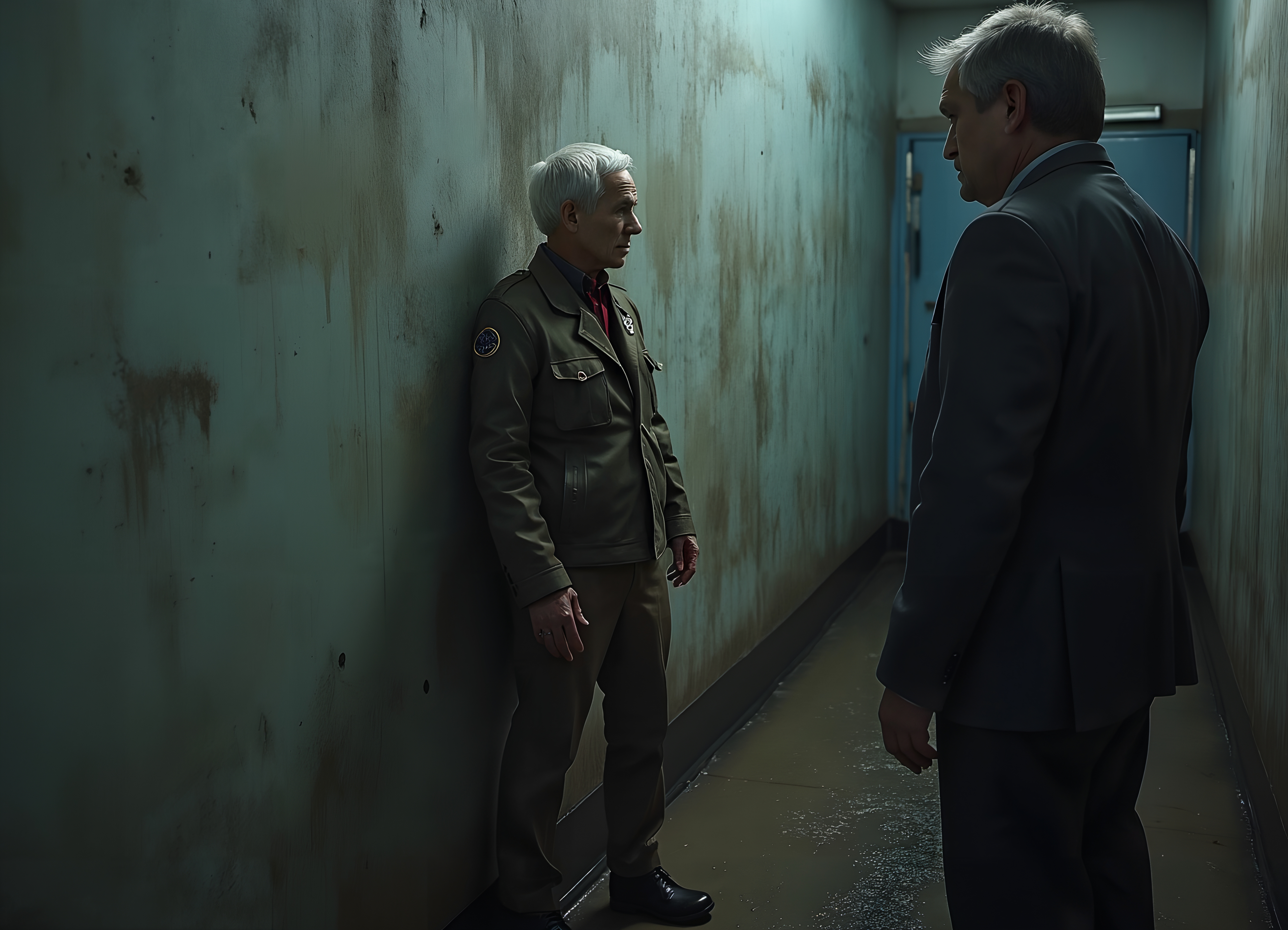 Two elderly men confront each other in gritty hallway wearing uniforms and suits