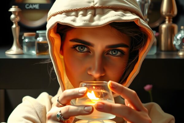 Woman holding lit candle indoors with thoughtful expression surrounded by decorative items
