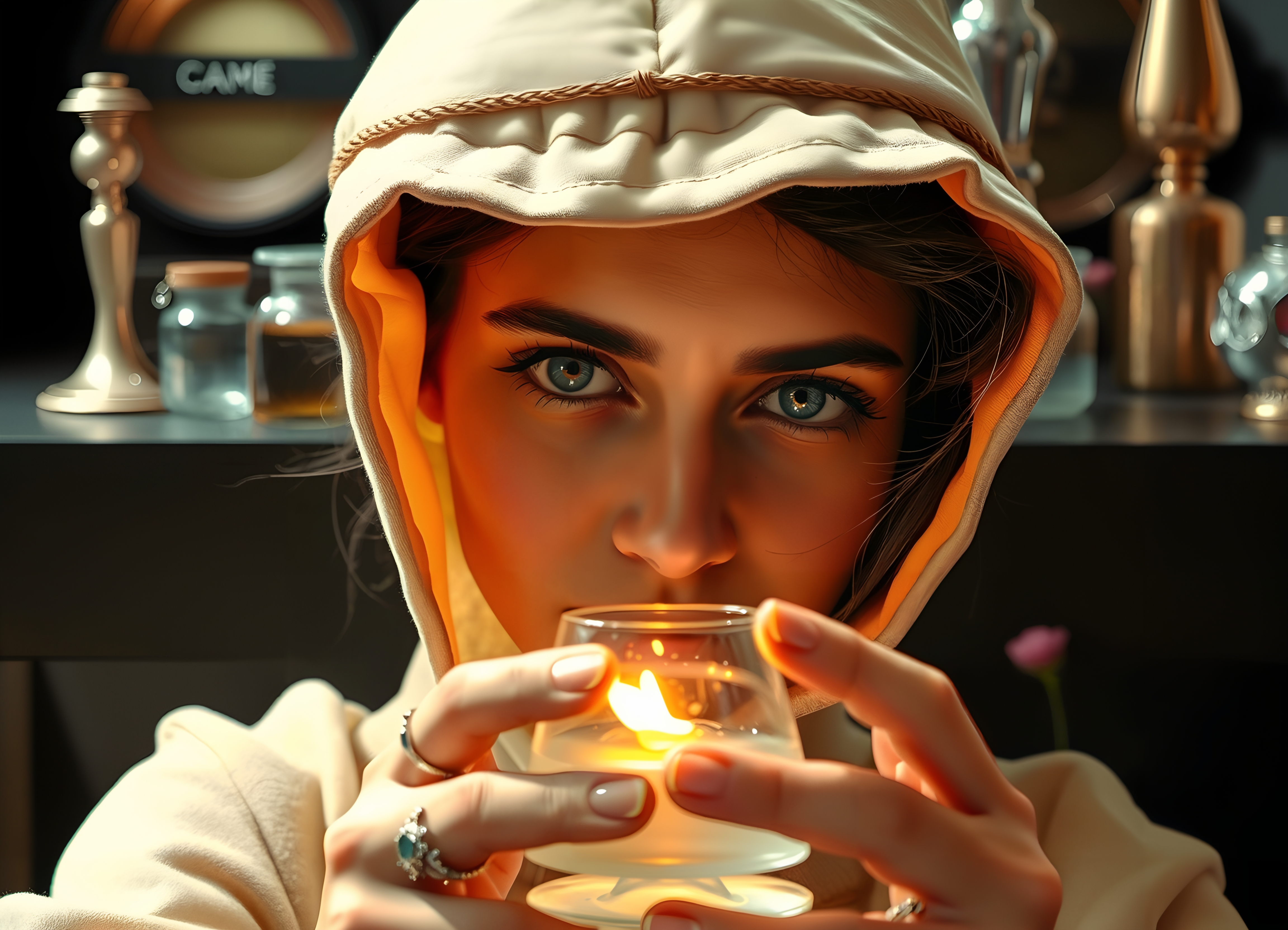 Woman holding lit candle indoors with thoughtful expression surrounded by decorative items