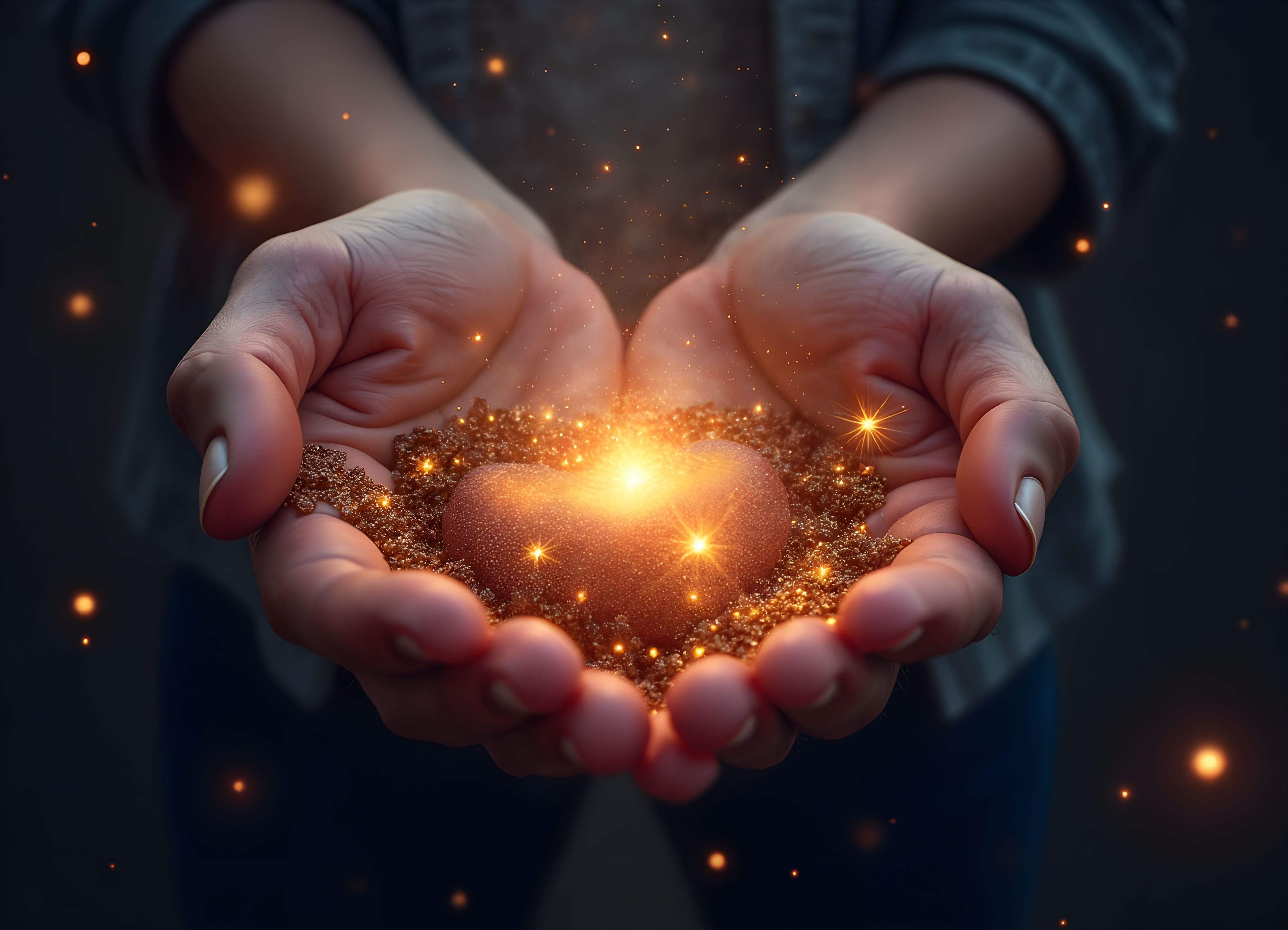 A pair of hands gently holds a glowing heart amidst golden sand, surrounded by sparkles.