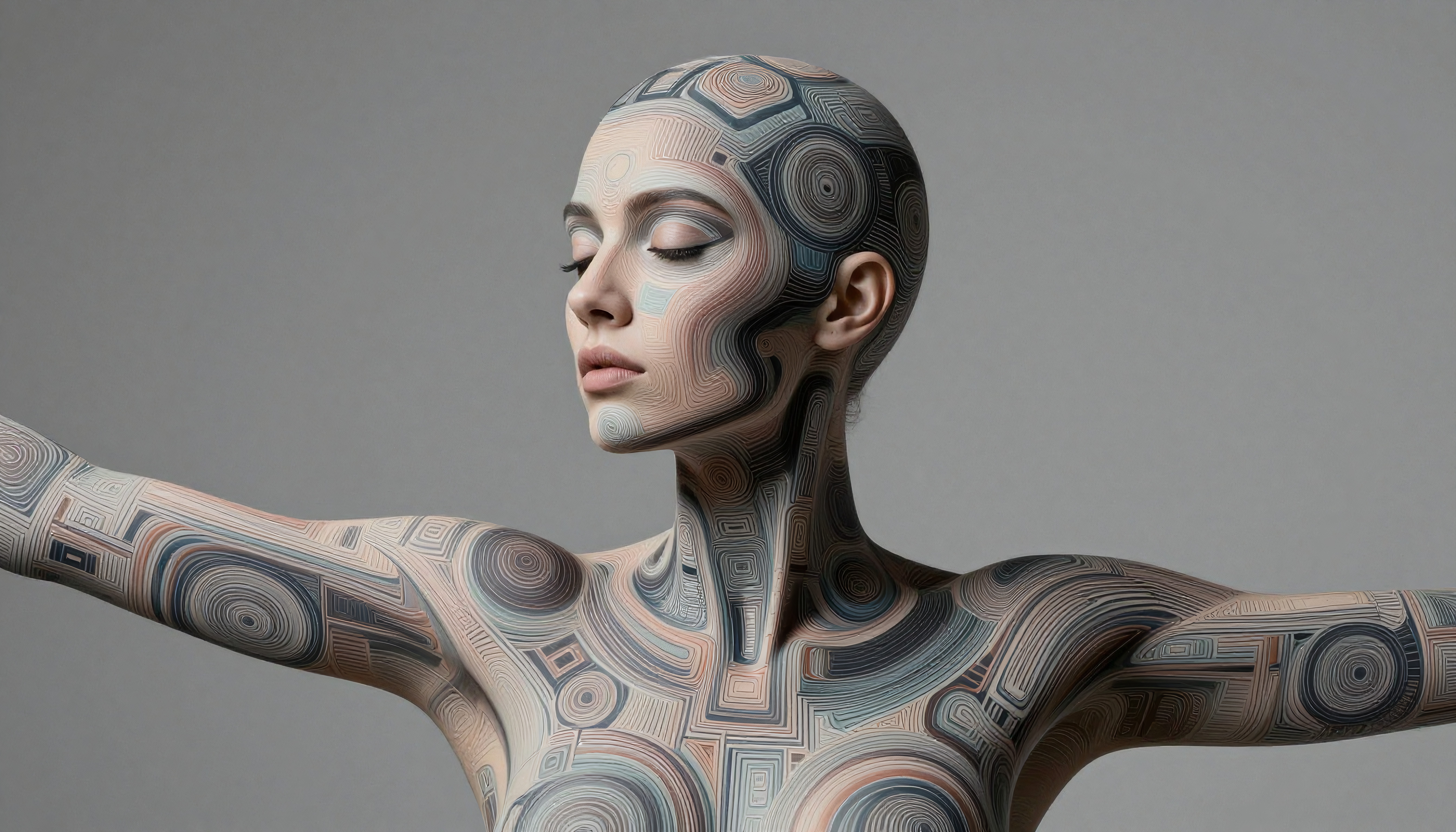 A woman with intricate geometric body art.