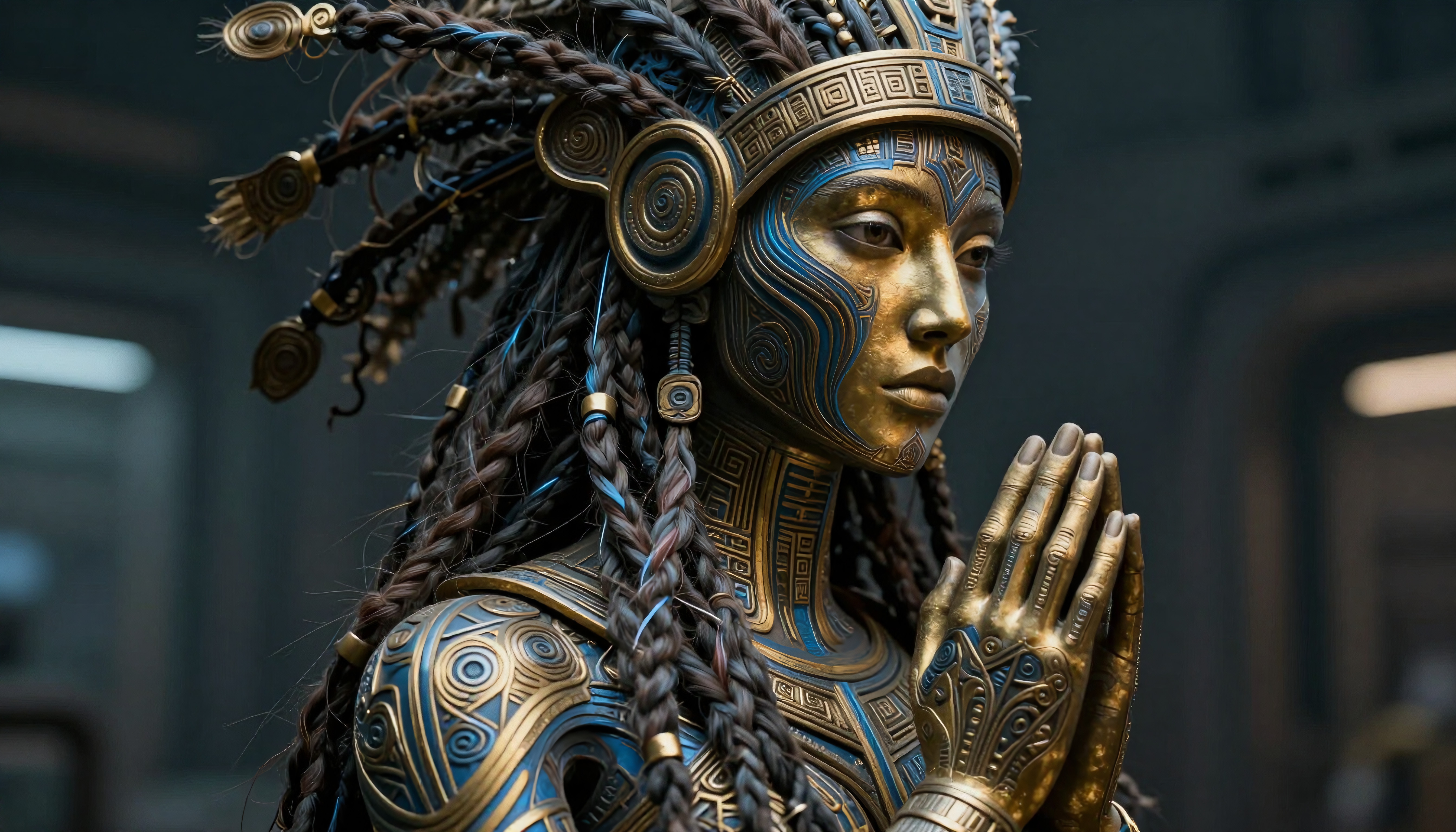 A detailed bronze humanoid with intricate metallic patterns displaying a serene meditation pose.