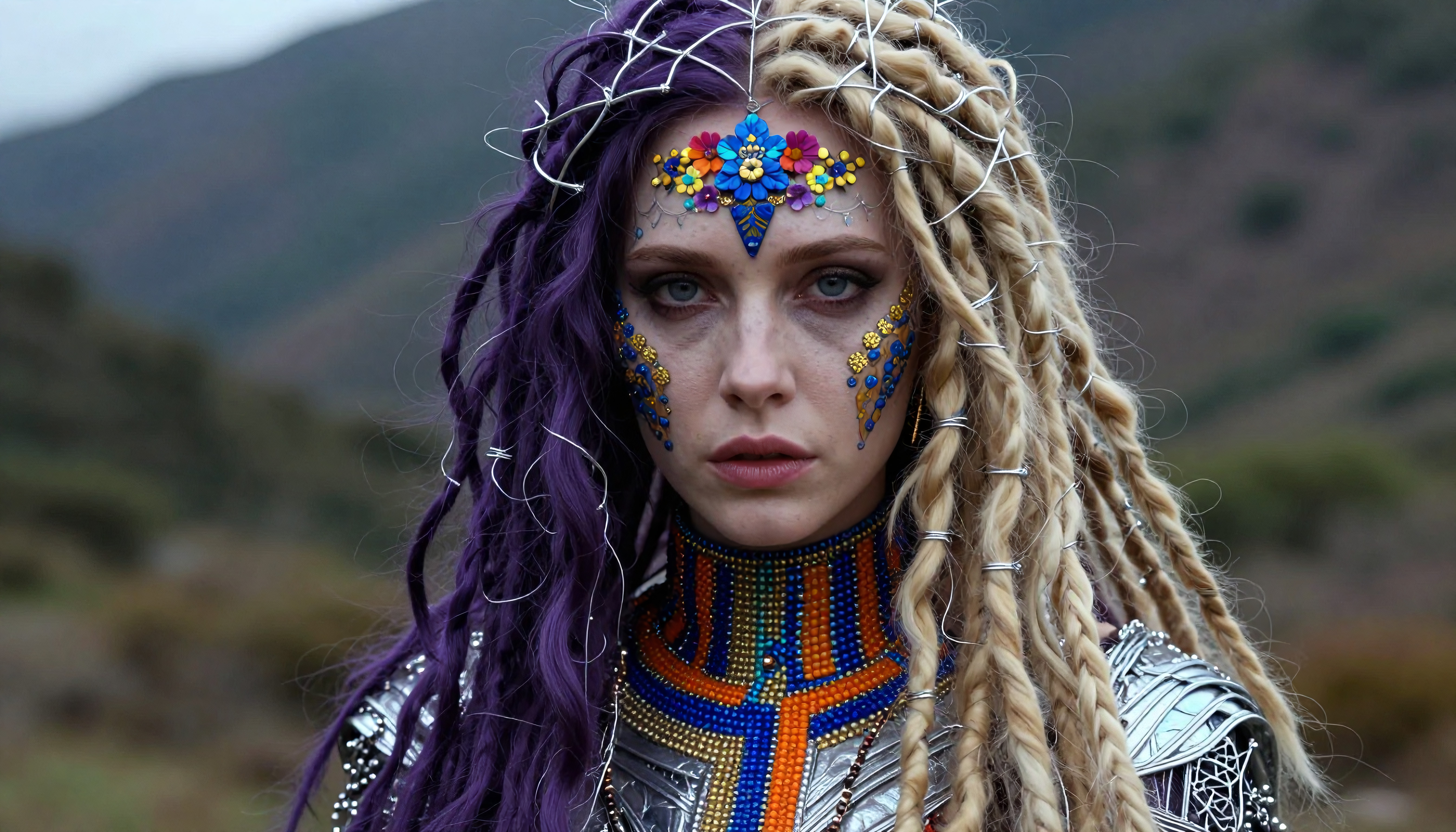 Fantasy portrait of a woman with elaborate tribal makeup and bra