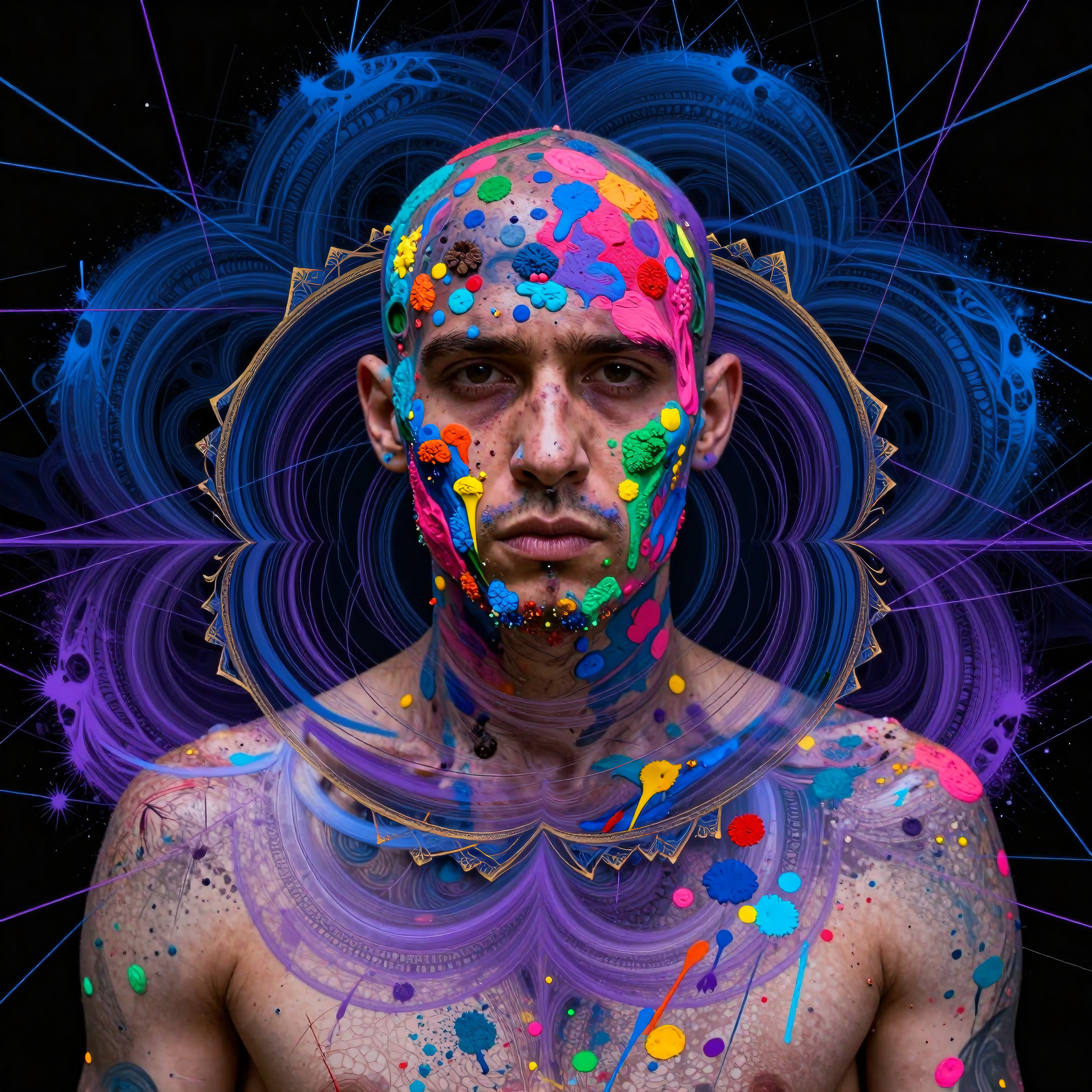 Artistically painted man surrounded by vibrant cosmic colors and radiant geometric designs
