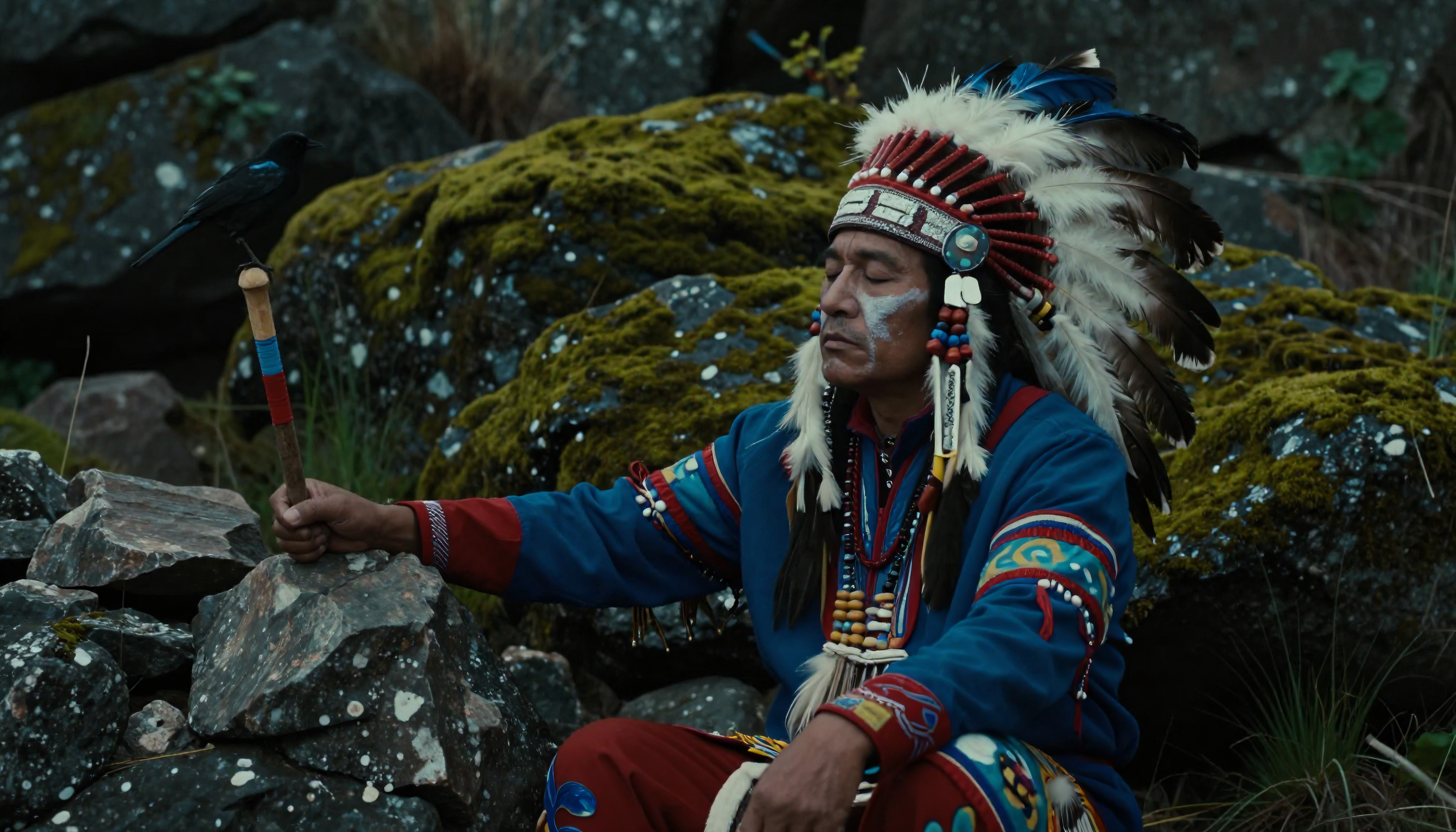 Native American man with feather headdress holding a staff, seat