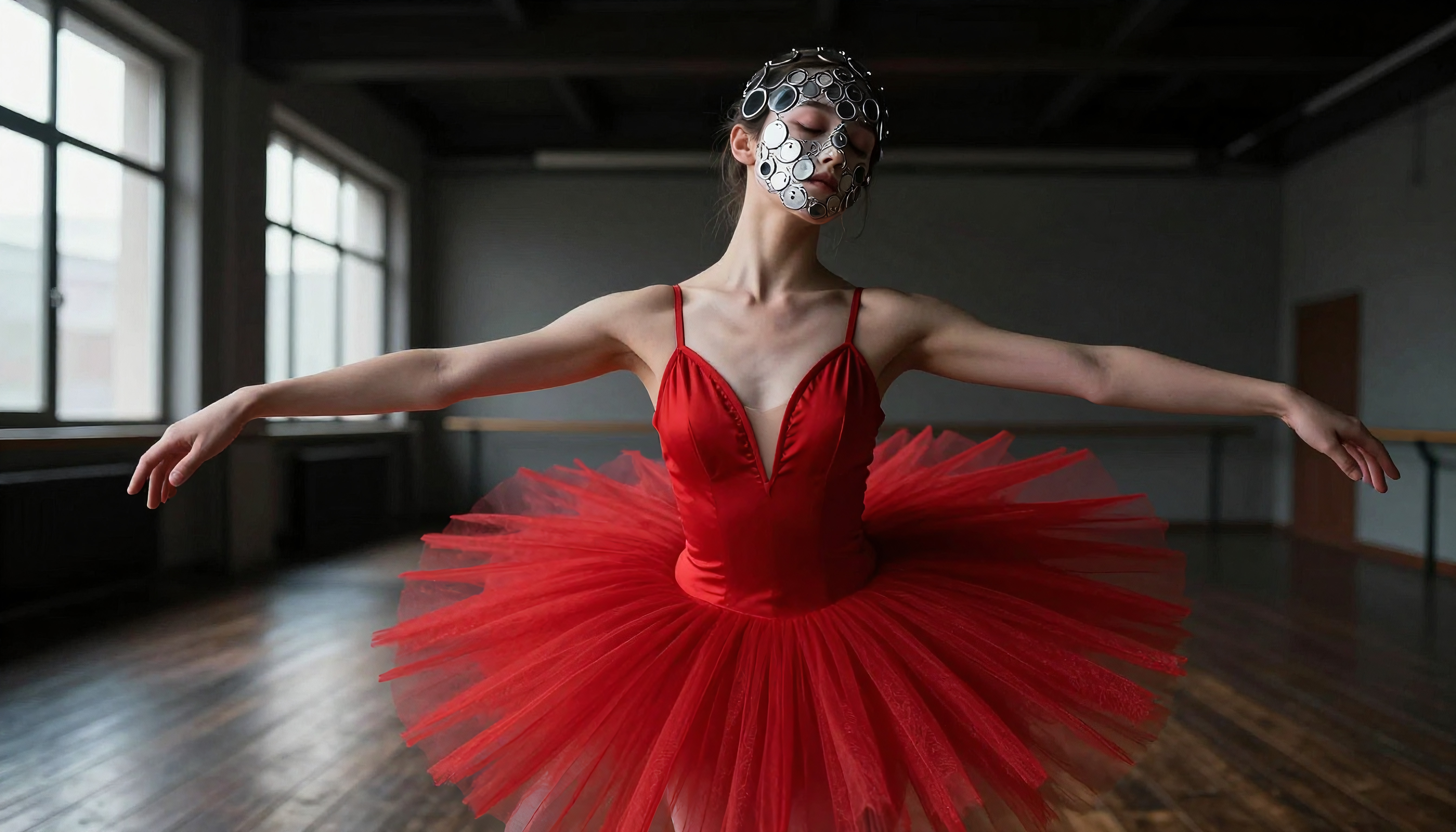 Ballet dancer in red tutu, with silver mask, performing in studio.