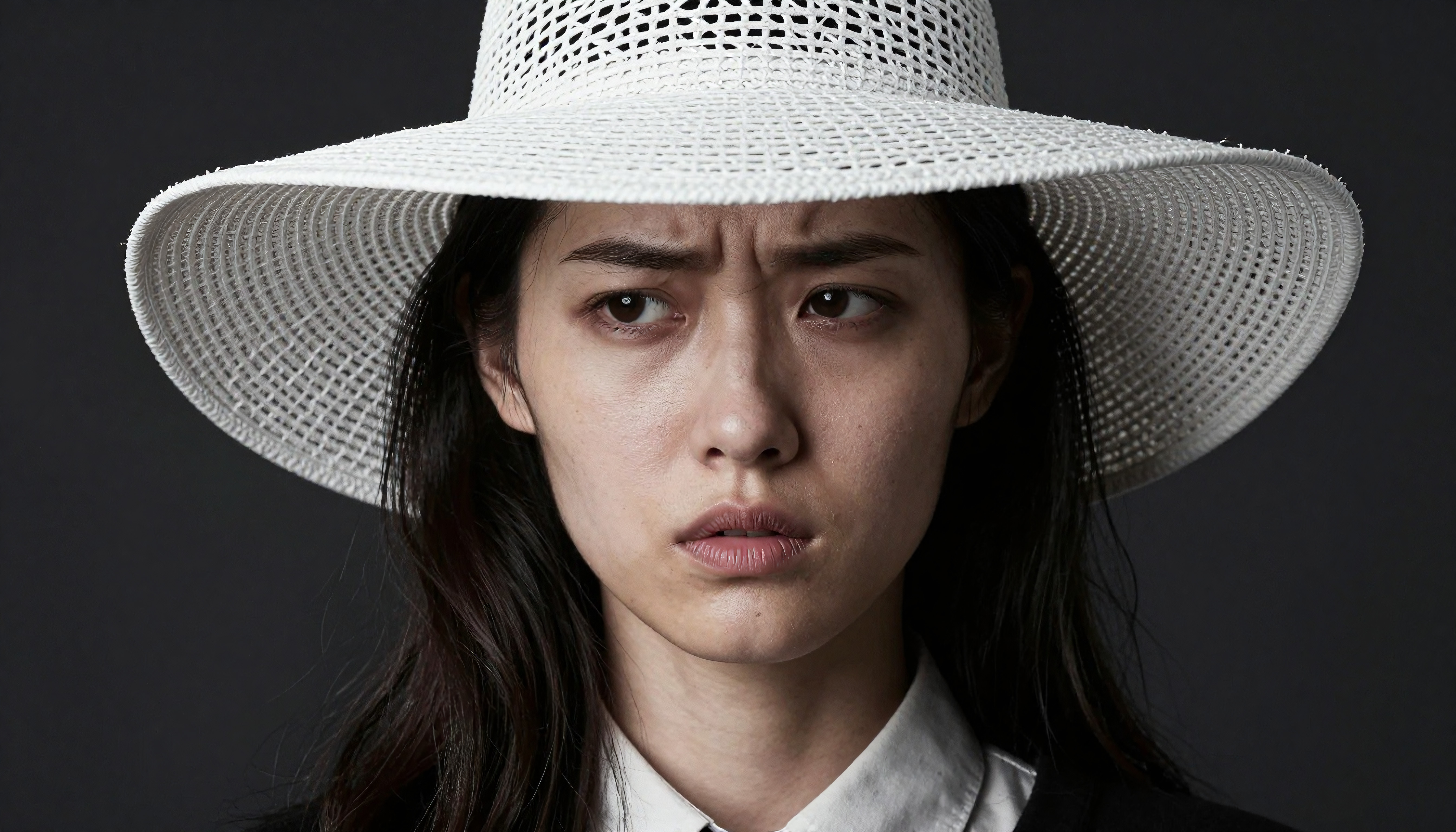 Woman wearing white straw hat expressing strong emotion in professional studio portrait