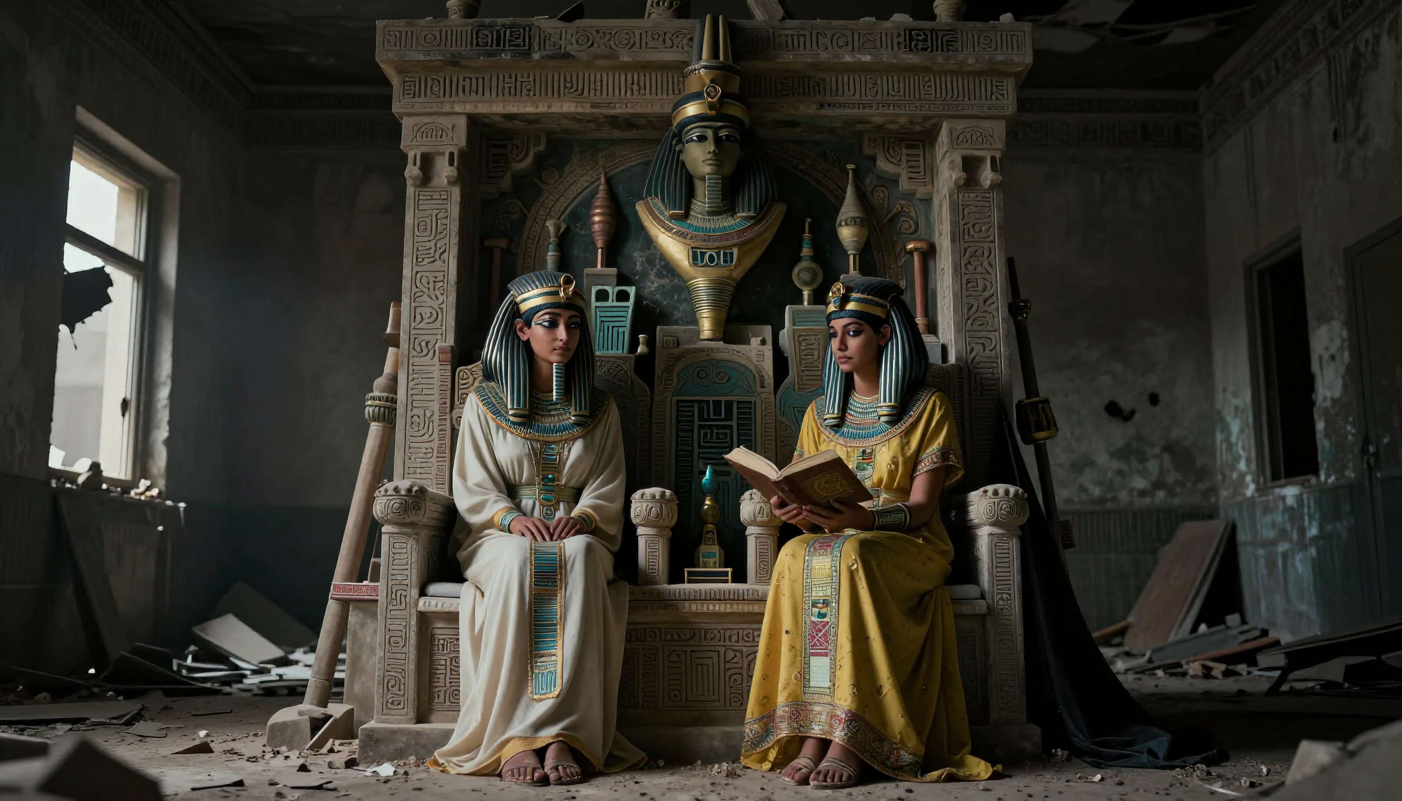 Two women in Egyptian attire sitting on an ornate throne in an abandoned room, surrounded by historical stone carvings and motifs.