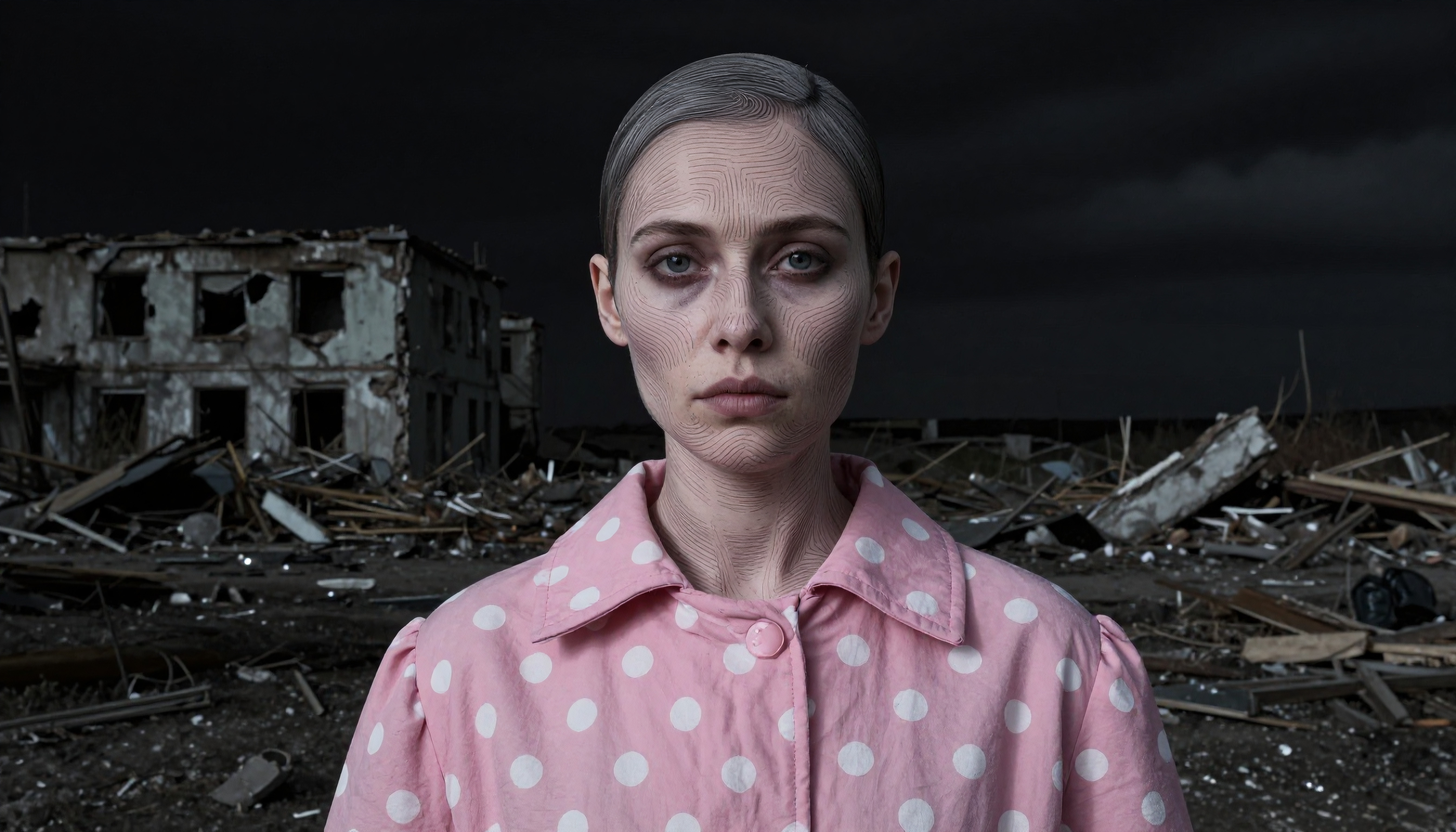 A woman in a pink polka dot coat stands in front of a ruined building under an overcast sky.